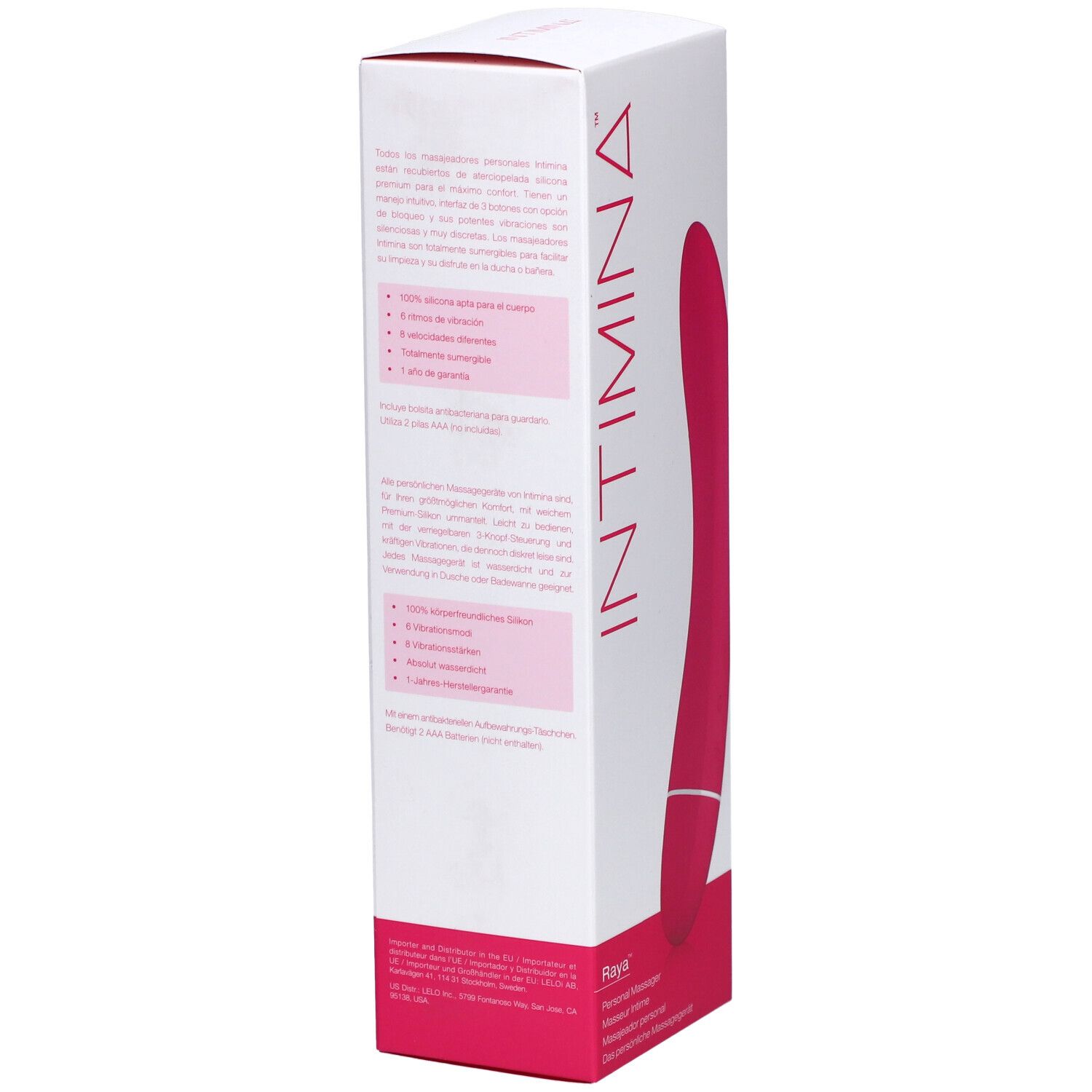 Rückseite der INTIMINA Raya Massagegerät Verpackung. Text in mehreren Sprachen, Produktmerkmale und Logo.