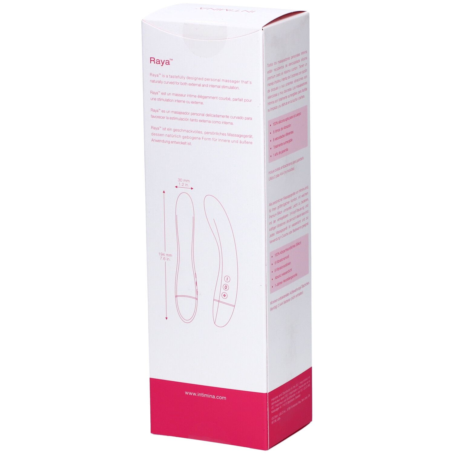 Seite der INTIMINA Raya Massagegerät Verpackung. Produktabbildung mit Maßen. Text in mehreren Sprachen.