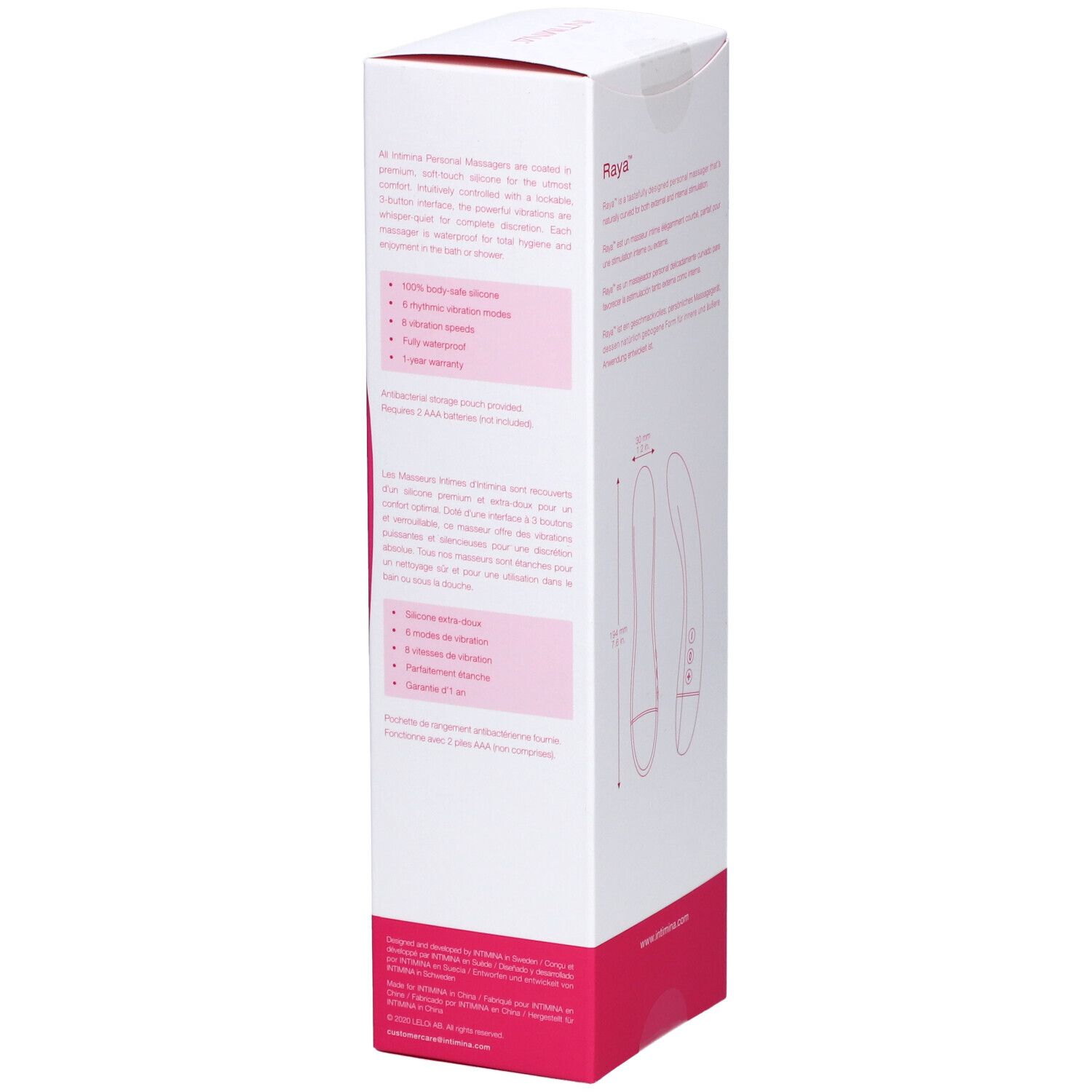Seite der INTIMINA Raya Massagegerät Verpackung. Produktabbildung mit Maßen. Text in mehreren Sprachen.
