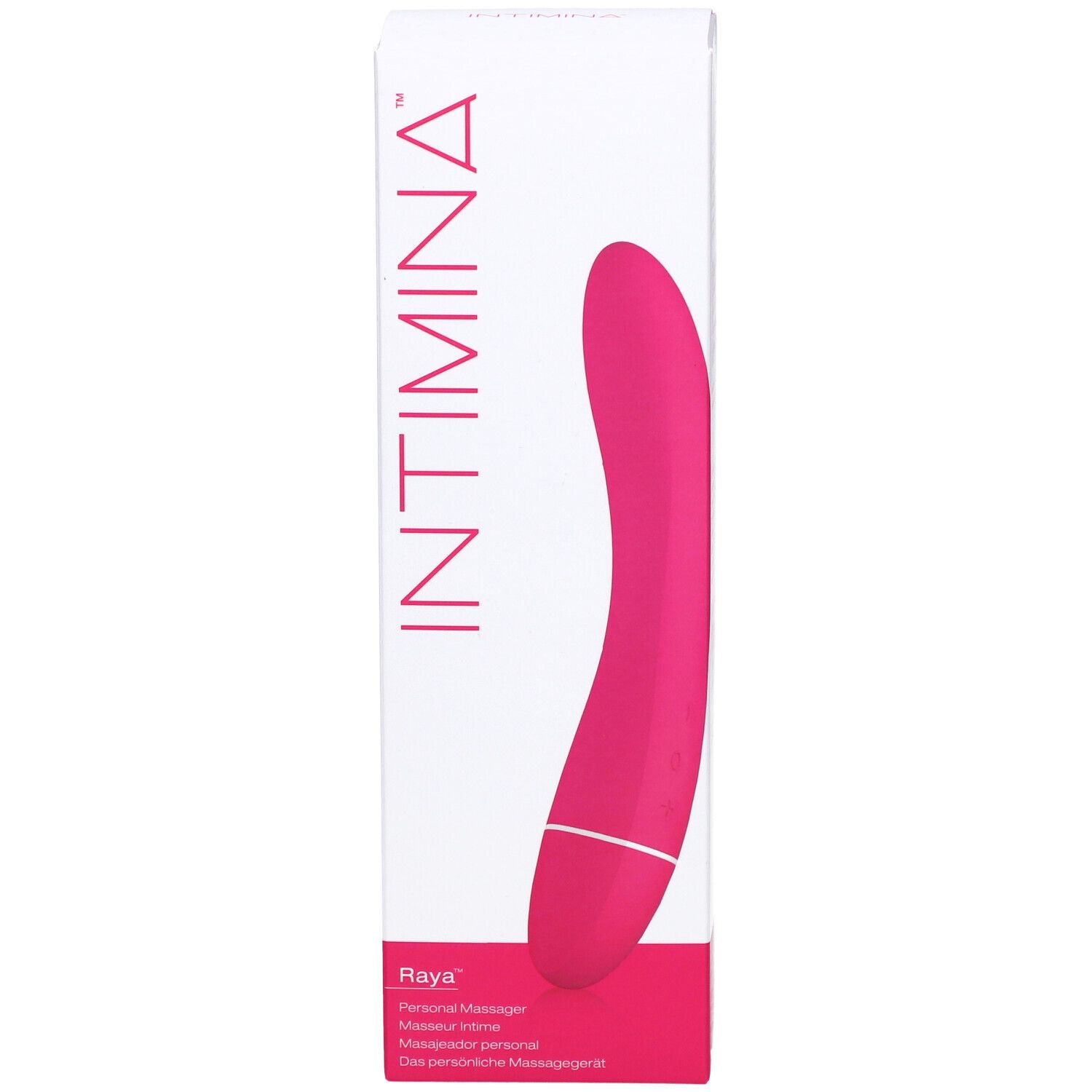 Vorderseite der INTIMINA Raya Massagegerät Verpackung. Rosa Massagegerät auf weißem Karton. INTIMINA-Logo und Produktname sichtbar.