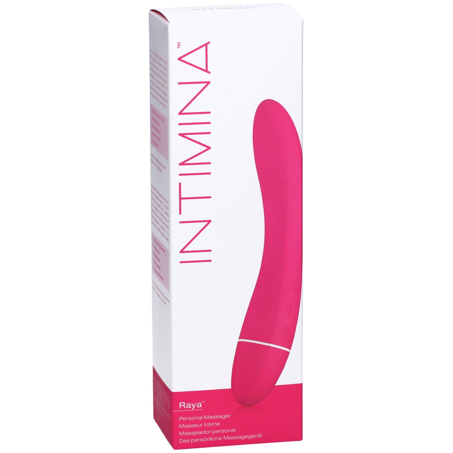 Vorderseite der INTIMINA Raya Massagegerät Verpackung. Rosa Massagegerät auf weißem Karton. INTIMINA-Logo und Produktname sichtbar.