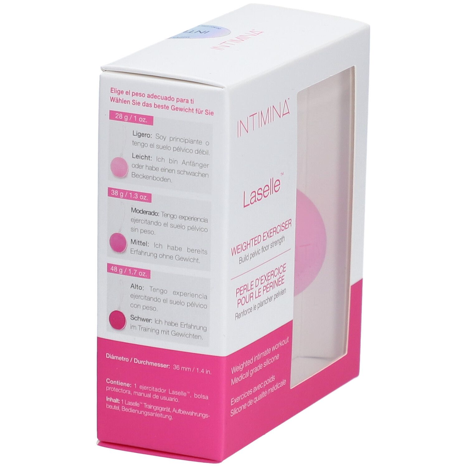 Intimina Laselle, exerciseur lesté. Emballage avec image et texte. Rose et blanc.