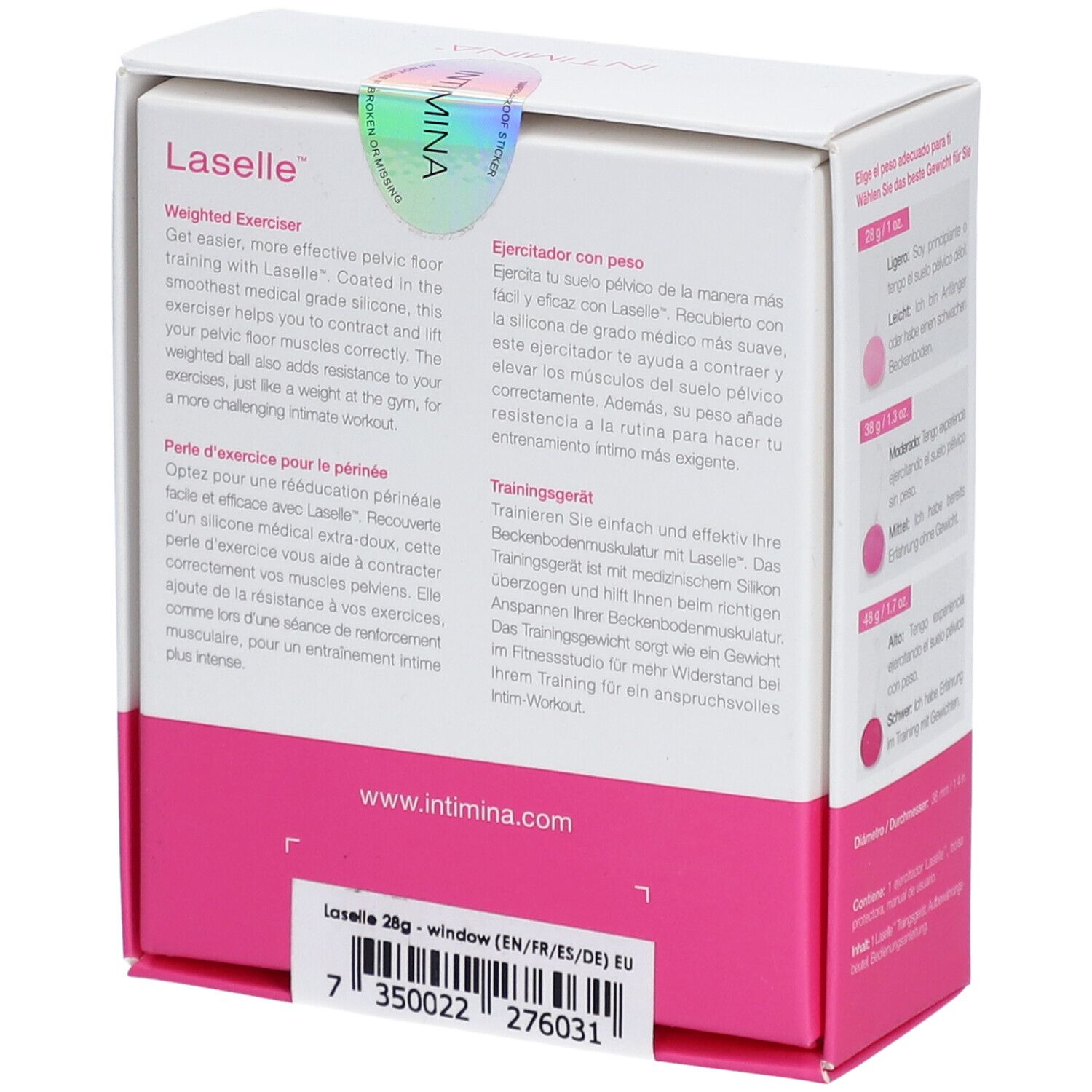Intimina Laselle, exerciseur lesté. Dos de l'emballage avec texte multilingue.