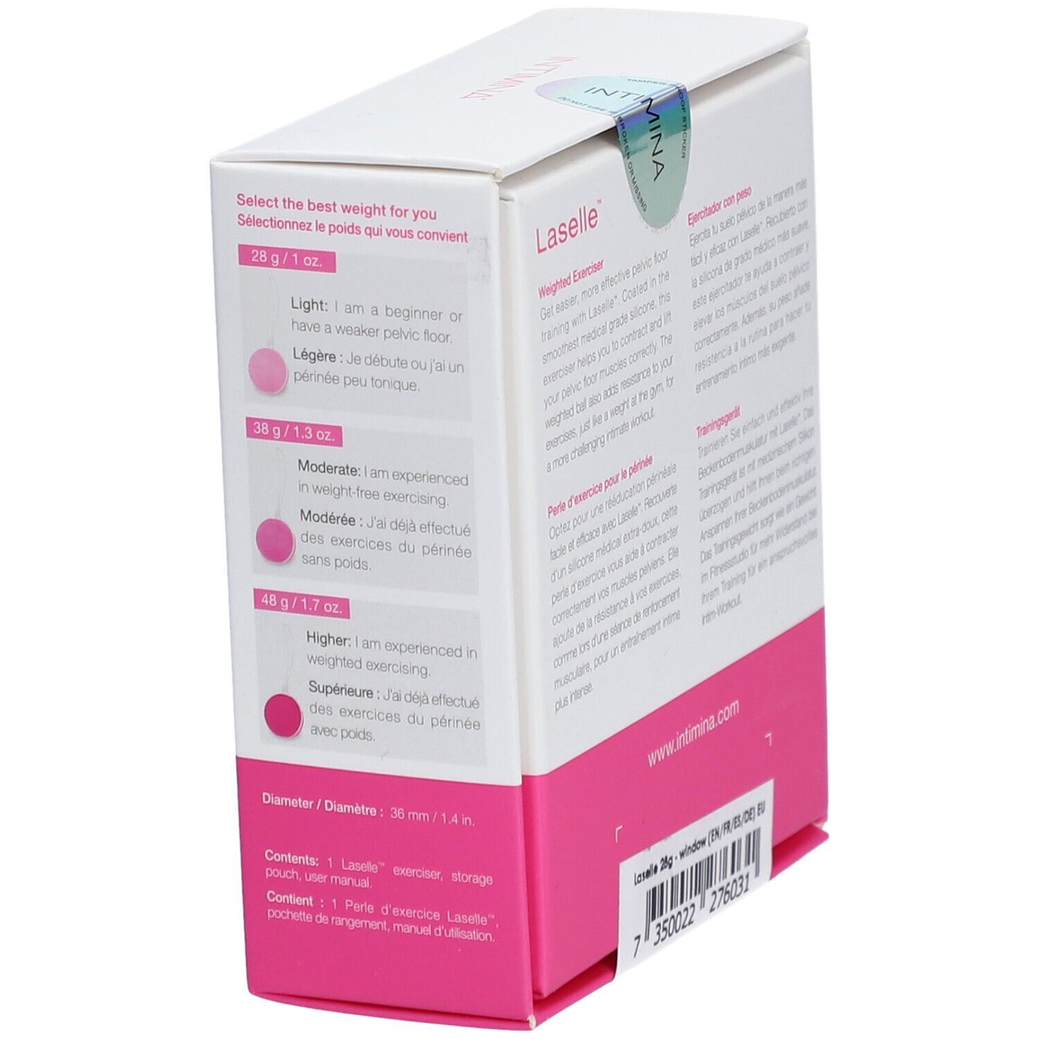 Intimina Laselle, exerciseur lesté. Emballage avec texte et diagrammes. Rose et blanc.