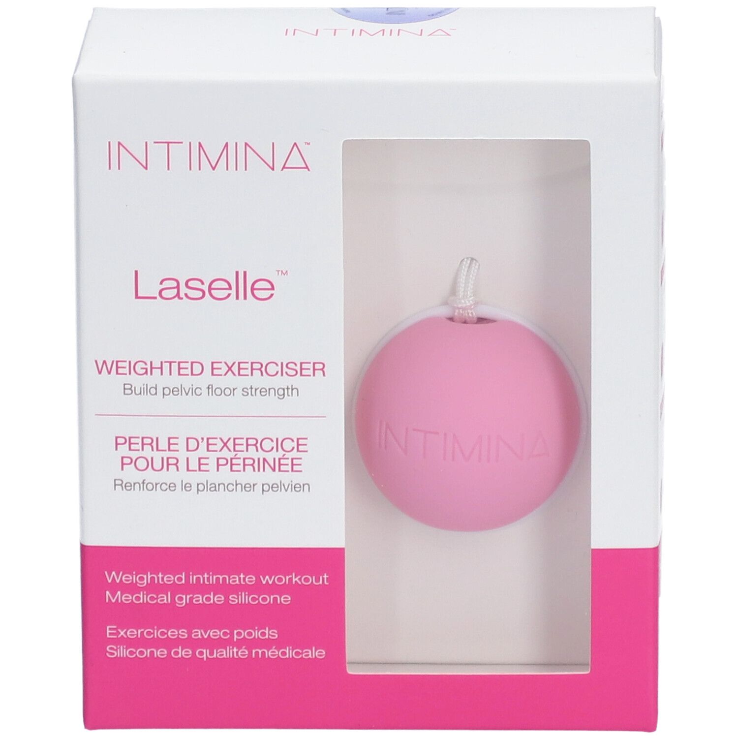 Intimina Laselle, exerciseur lesté. Sphère rose dans emballage avec fenêtre. Silicone médical.