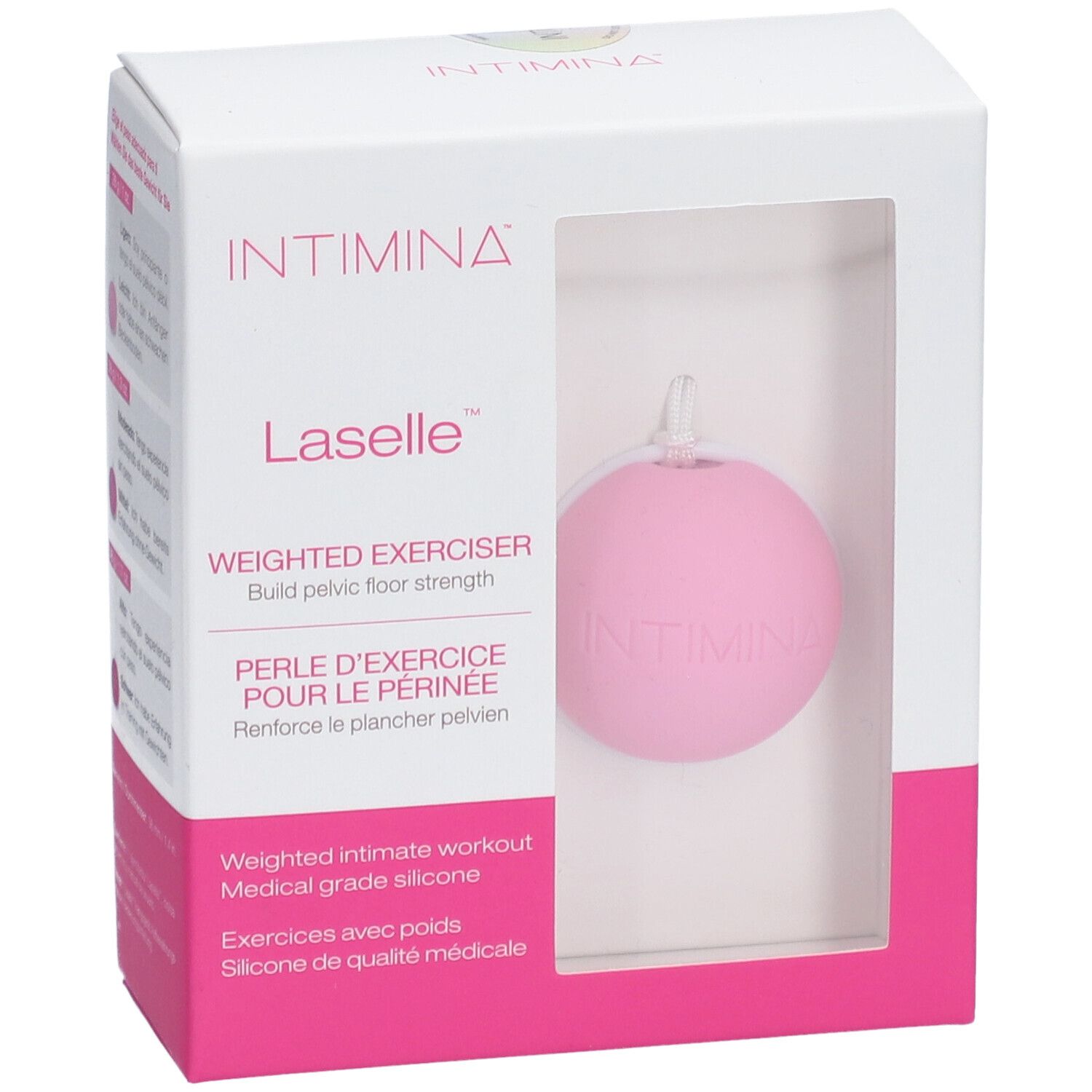 Intimina Laselle, exerciseur lesté. Sphère rose dans emballage avec fenêtre. Silicone médical.