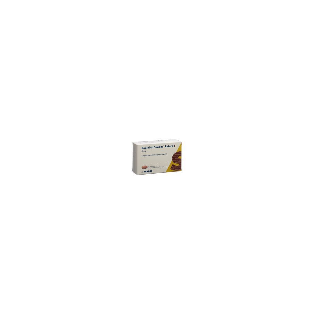 Verpackung von ROPINIROL Sandoz Retard Ret Tabl 8 mg. Rechteckige Schachtel mit Produktnamen und Logo.