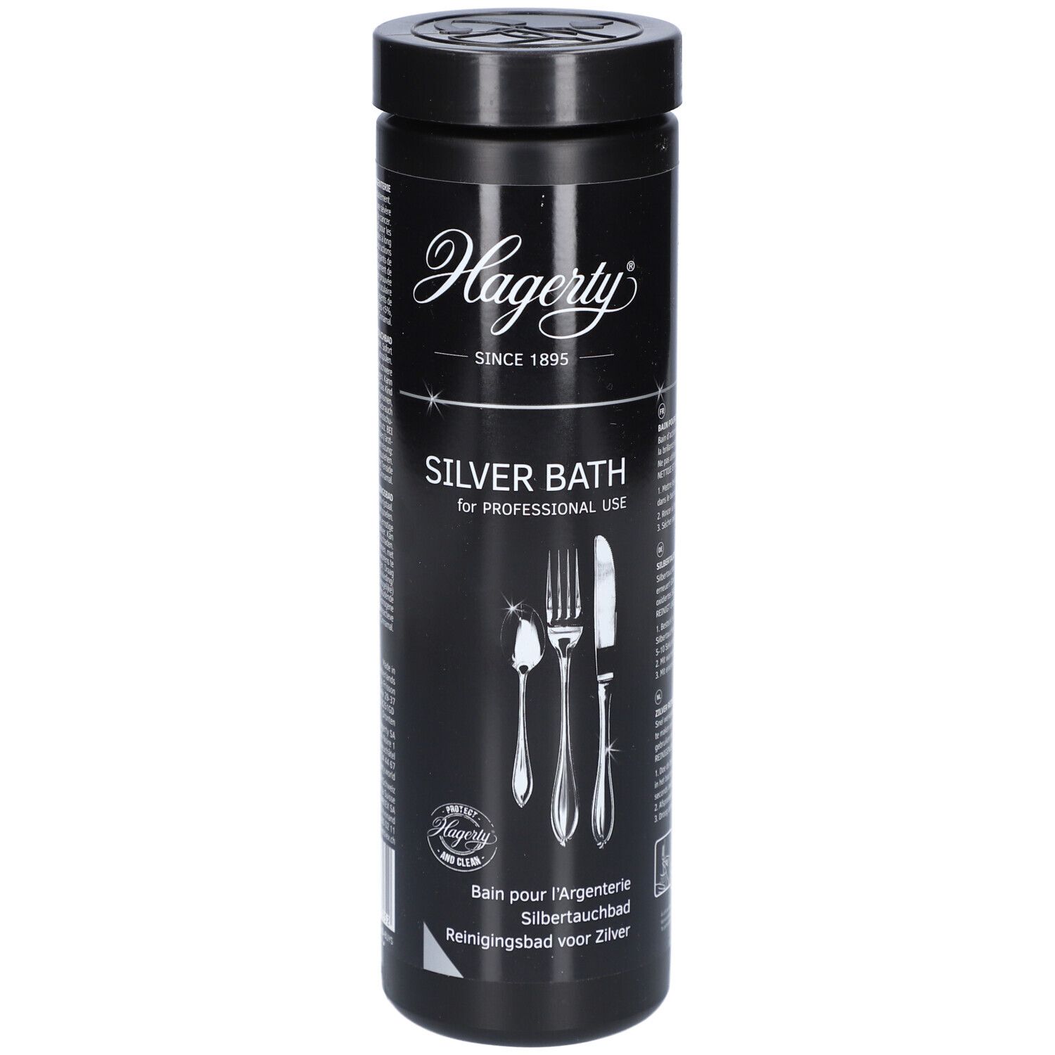 Zylindrische, schwarze Dose mit Deckel. Aufschrift Hagerty Silver Bath. Abbildung von Besteck. Für Silberbesteck & -objekte.