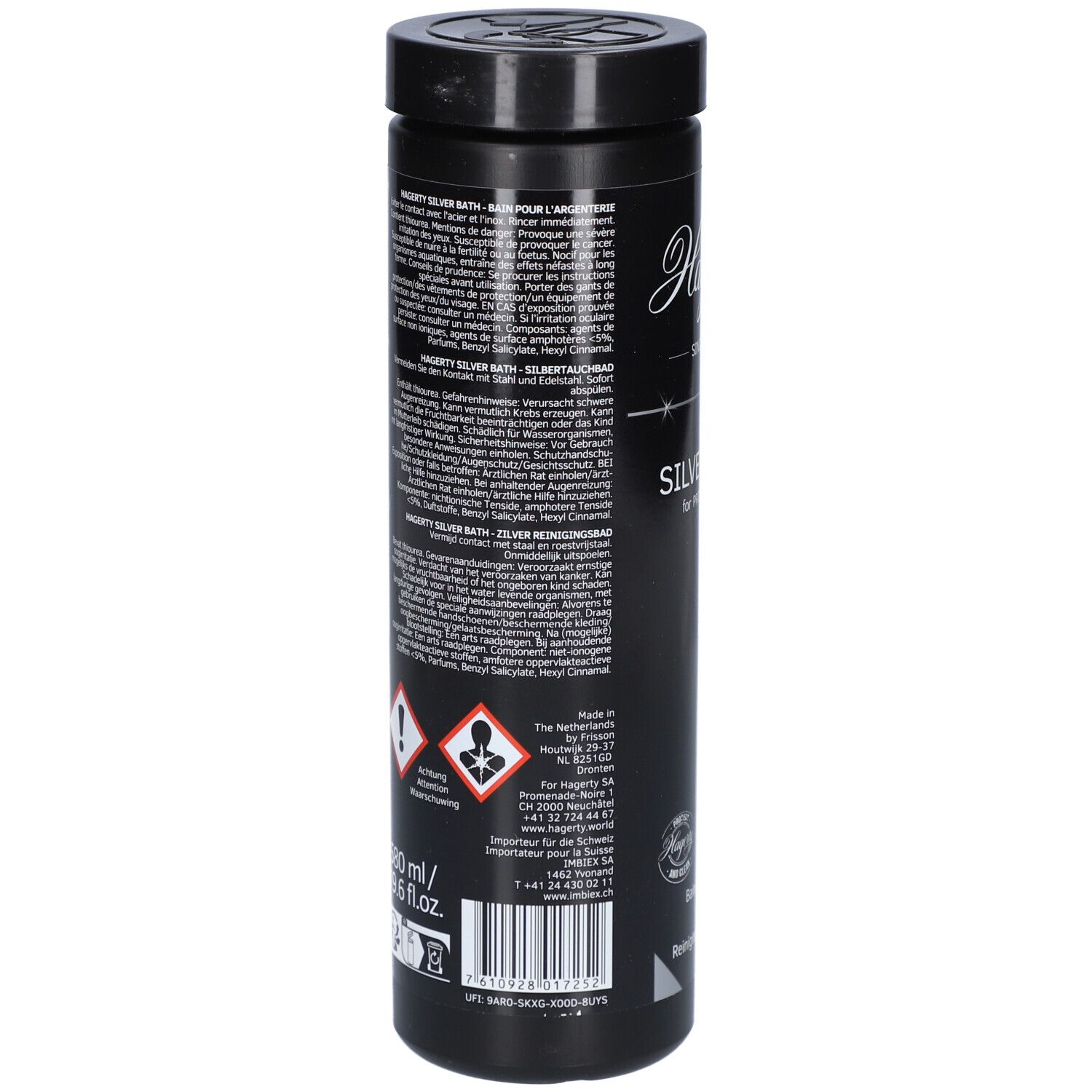 Rückseite der Dose. Text in mehreren Sprachen. Warnhinweise und Gefahrensymbole. Herstellerinformationen und Barcode.