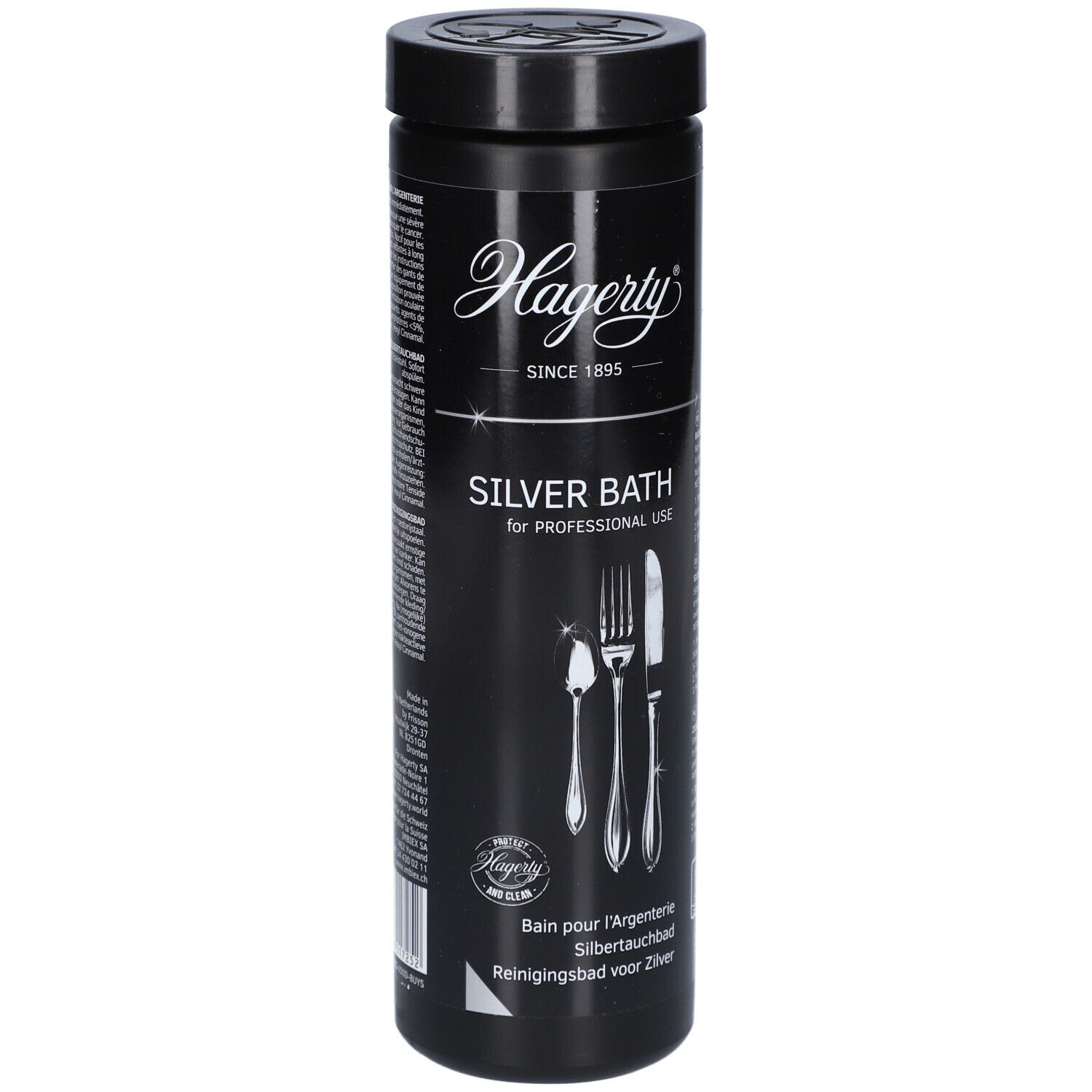 Zylindrische, schwarze Dose mit Deckel. Aufschrift Hagerty Silver Bath. Abbildung von Besteck. Für Silberbesteck & -objekte.