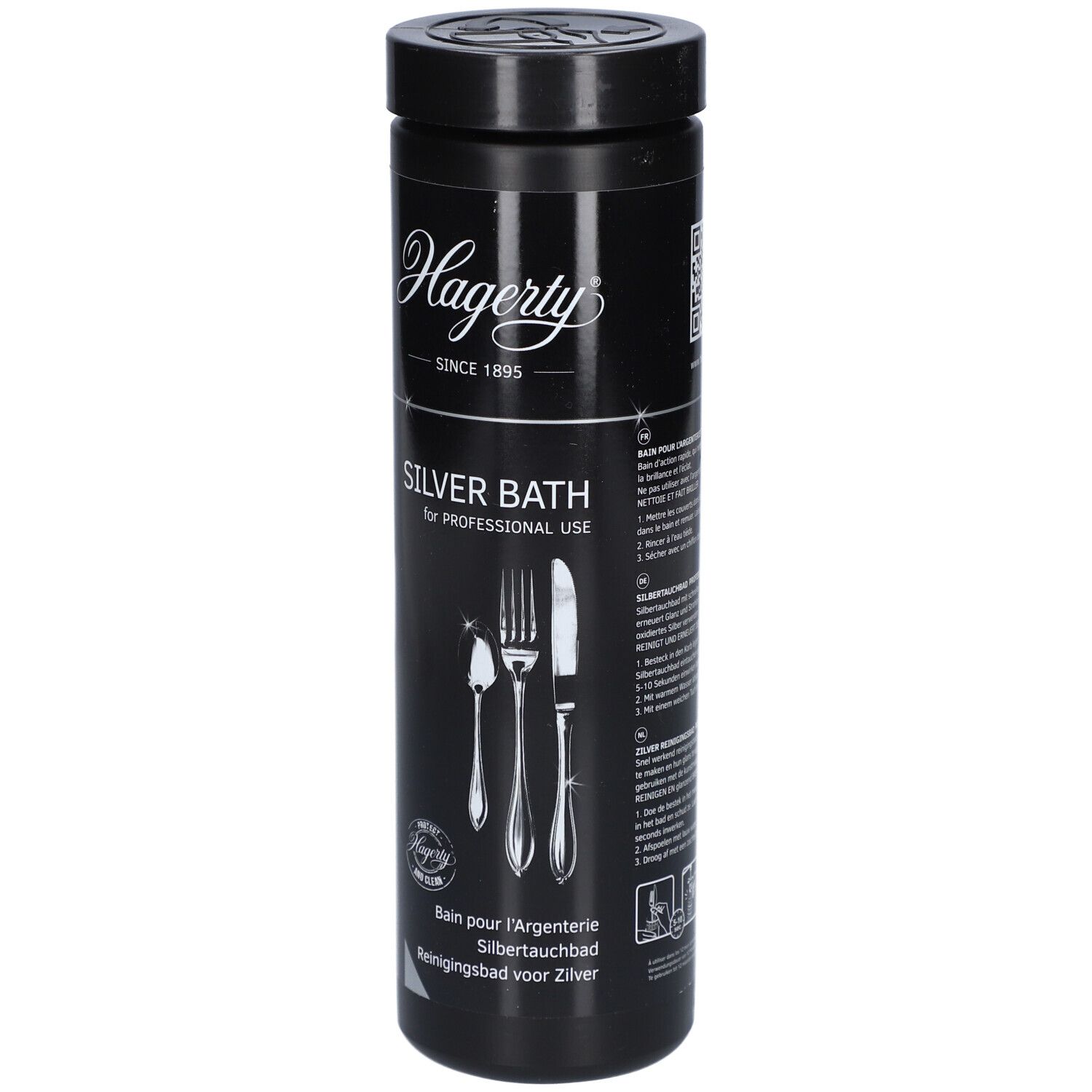 Zylindrische, schwarze Dose mit Deckel. Aufschrift Hagerty Silver Bath. Abbildung von Besteck. Für Silberbesteck & -objekte.