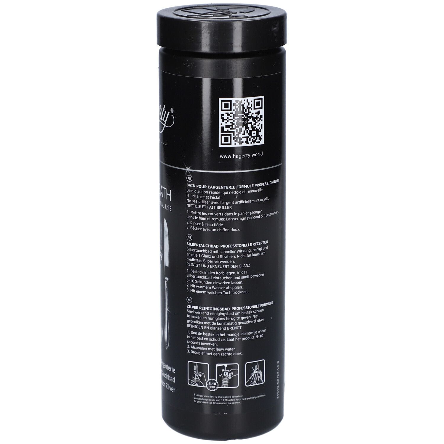 Rückseite der Dose. Text in mehreren Sprachen. Warnhinweise und Gefahrensymbole. Herstellerinformationen und Barcode.
