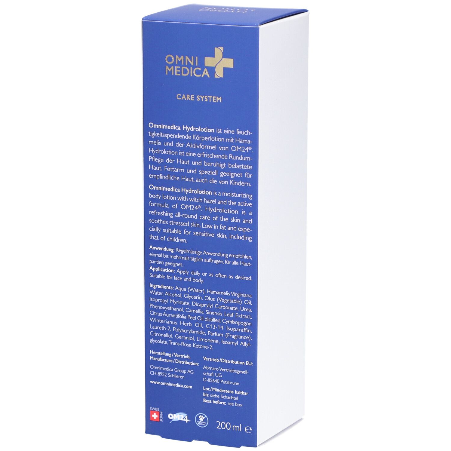 Rückseite der OMNIMEDICA Hydro Lotion Verpackung. Text: Inhaltsstoffe, Anwendung, Hersteller, 200 ml, Swiss Made.