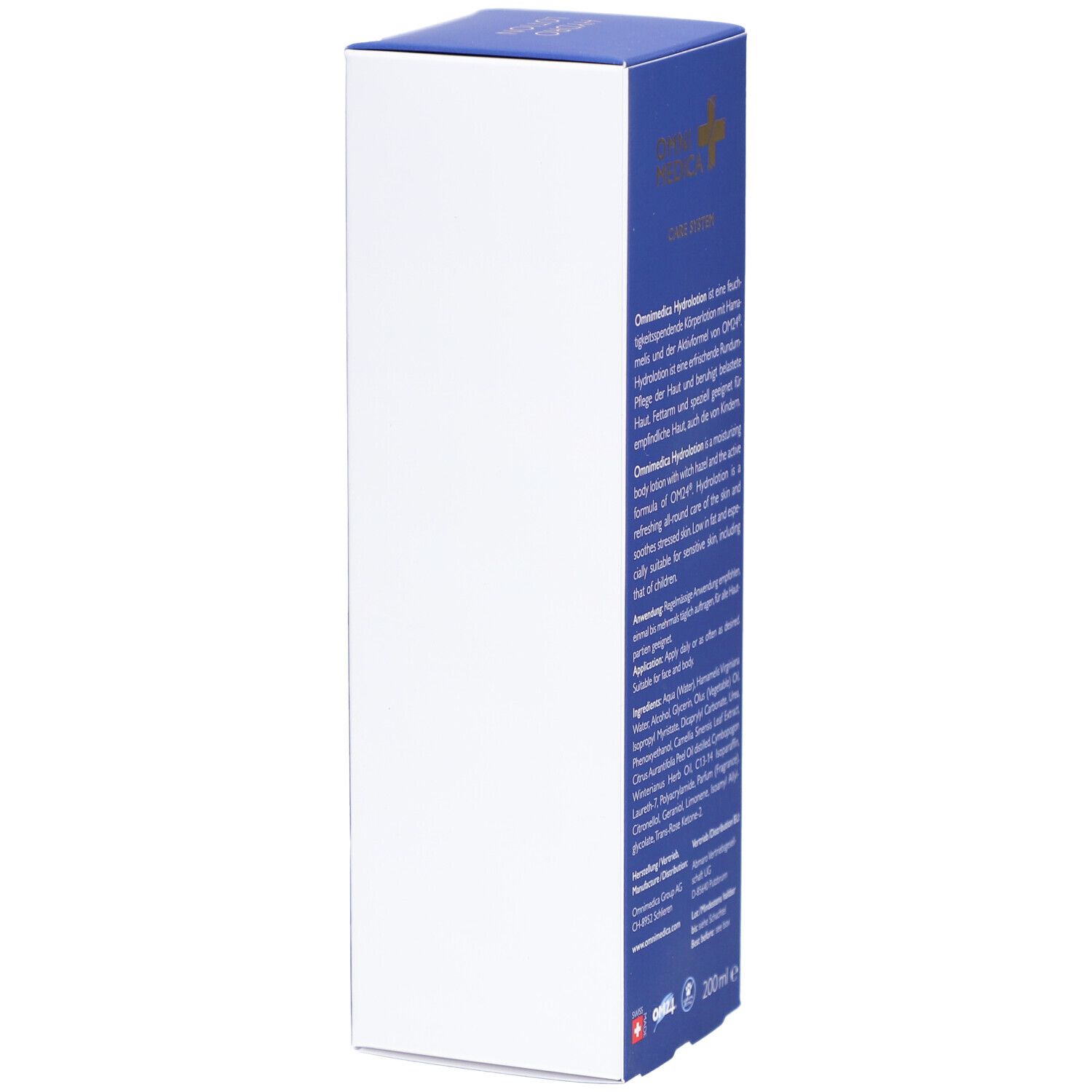 Rückseite der OMNIMEDICA Hydro Lotion Verpackung. Text: Beschreibung, Inhaltsstoffe, Anwendung, Hersteller, 200 ml.