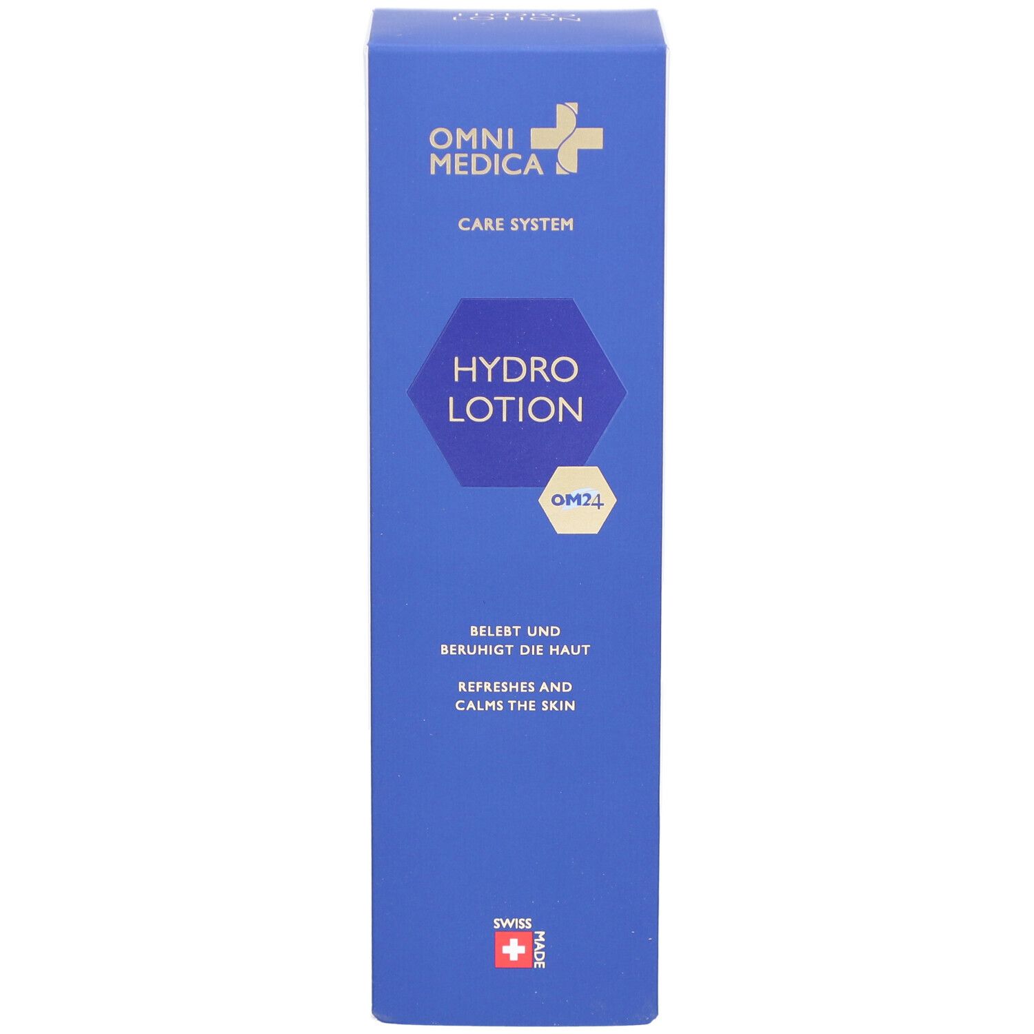 OMNIMEDICA Hydro Lotion Verpackung. Blau mit Text: Hydro Lotion, OM24, beruhigt die Haut, erfrischt, Swiss Made.