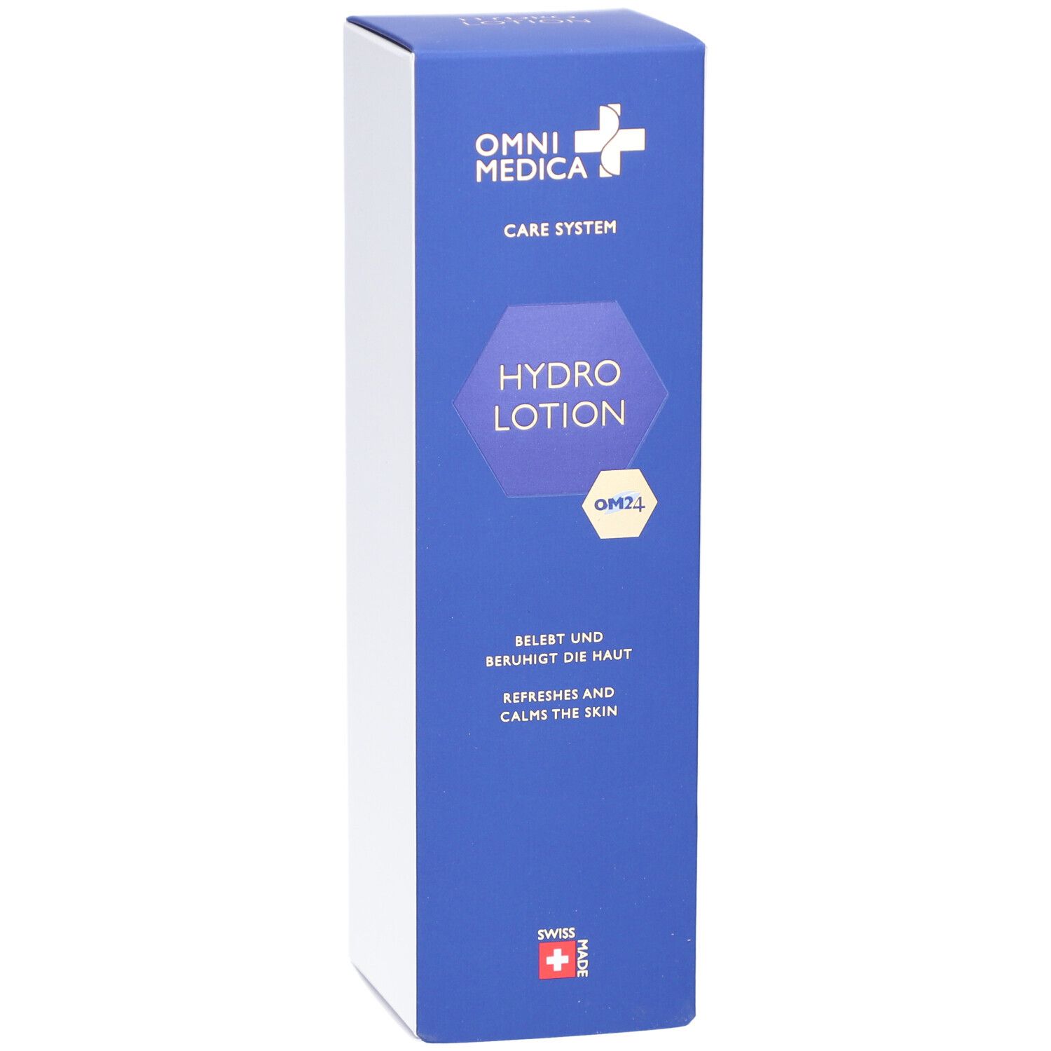 OMNIMEDICA Hydro Lotion Verpackung. Blau mit Text: Hydro Lotion, OM24, beruhigt die Haut, erfrischt, Swiss Made.