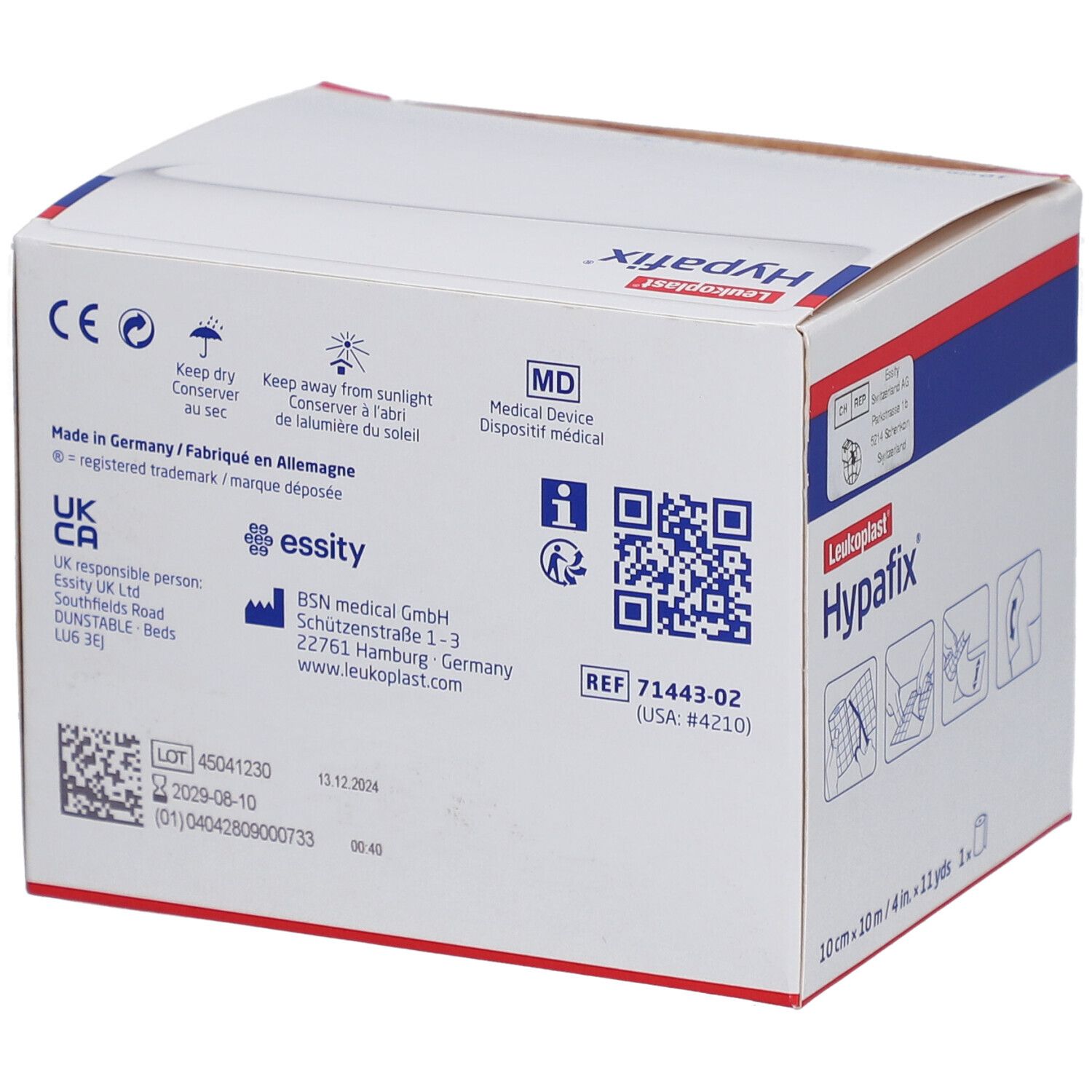 Karton mit Hypafix. Aufdrucke: Leukoplast, 10 cm x 10 m, MD, CE-Zeichen. Rückseite mit Informationen und QR-Code.