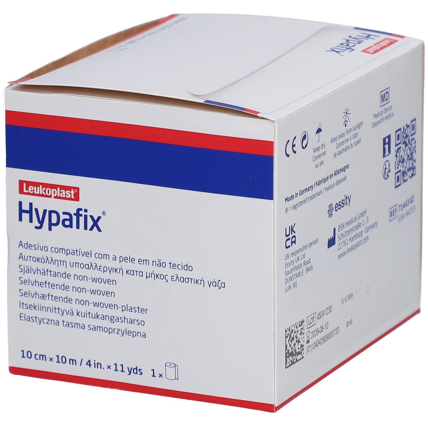 Karton mit Hypafix. Aufdrucke: Leukoplast, 10 cm x 10 m, 1 Rolle. Mehrsprachige Produktinformationen.