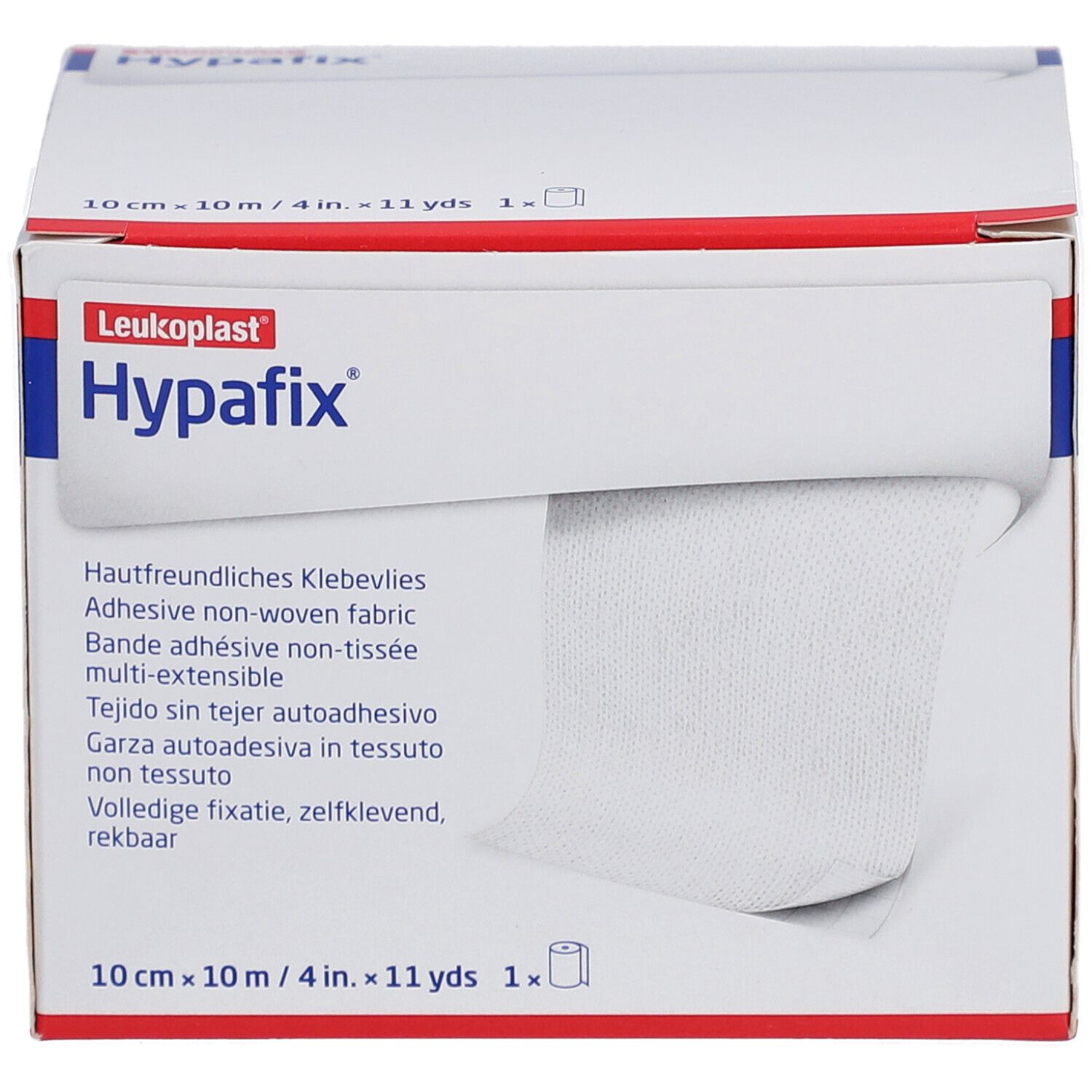 Karton mit Hypafix Klebevlies. Aufdrucke: Leukoplast, 10 cm x 10 m, 1 Rolle. Sichtbar: Rolle Klebevlies.