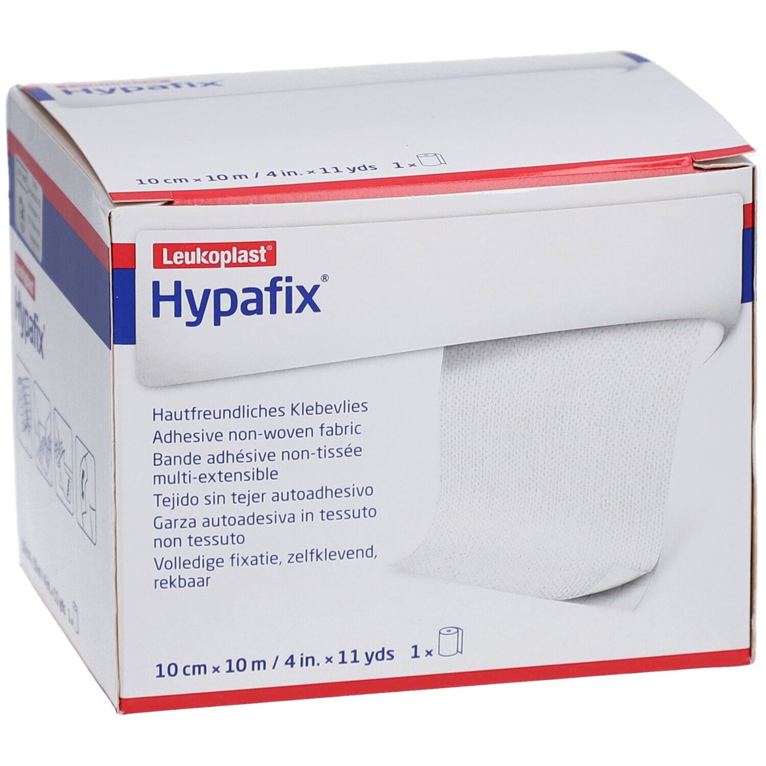 Karton mit Hypafix Klebevlies. Aufdrucke: Leukoplast, 10 cm x 10 m, 1 Rolle. Sichtbar: Rolle Klebevlies.