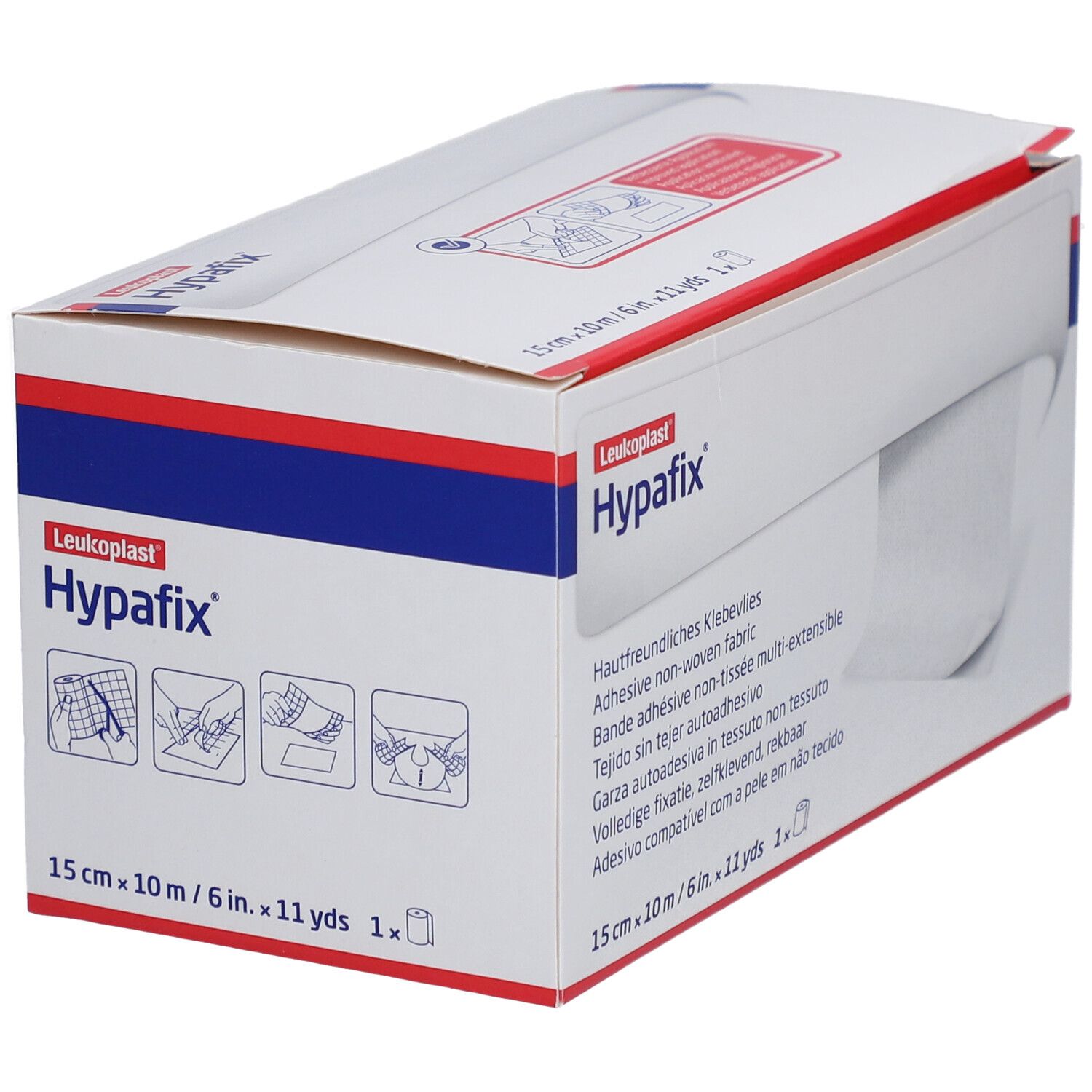 Boîte de Hypafix. Illustrations d'utilisation. Inscription: 15 cm x 10 m.