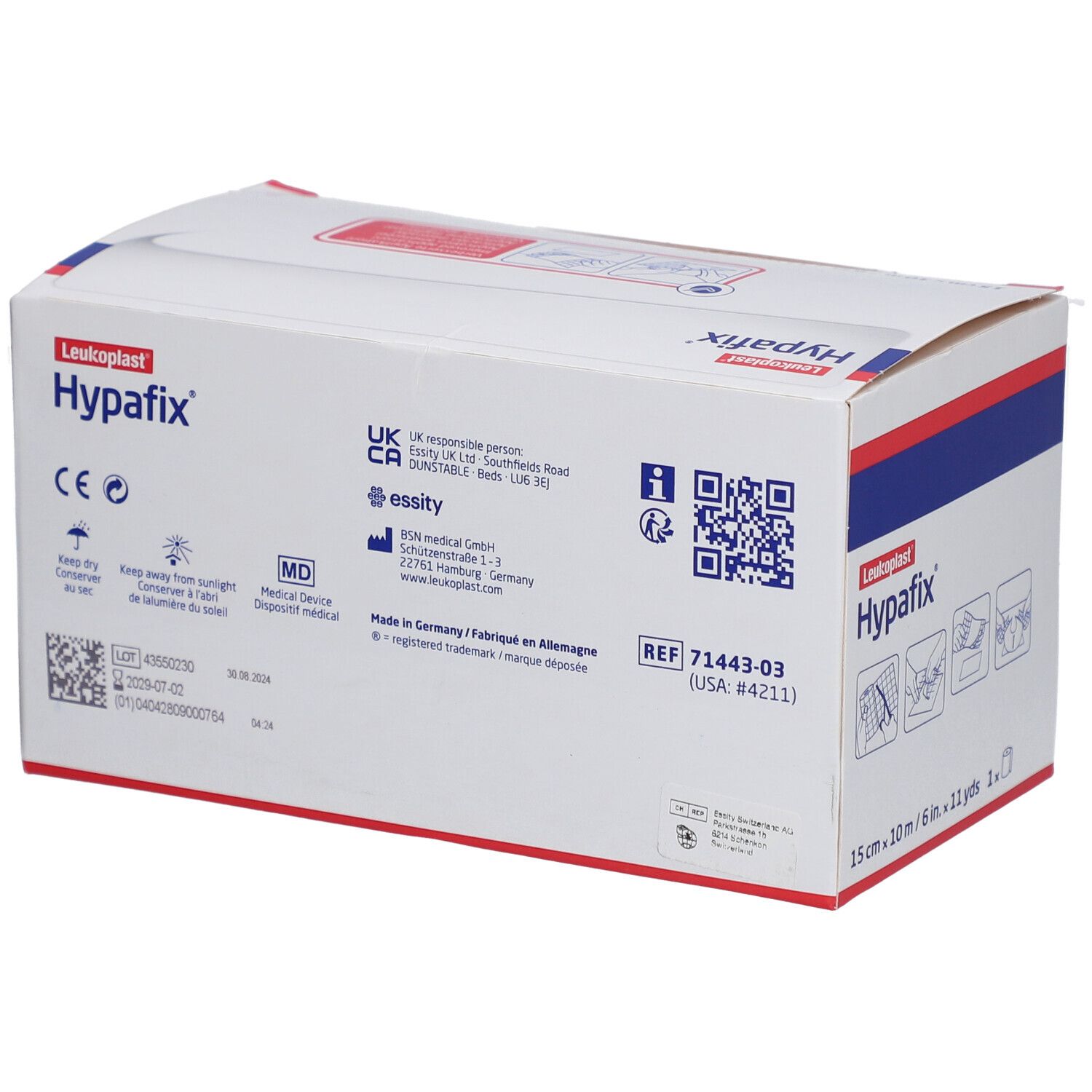 Boîte Hypafix. Dos avec informations, QR code et symbole médical. Fabriqué en Allemagne.