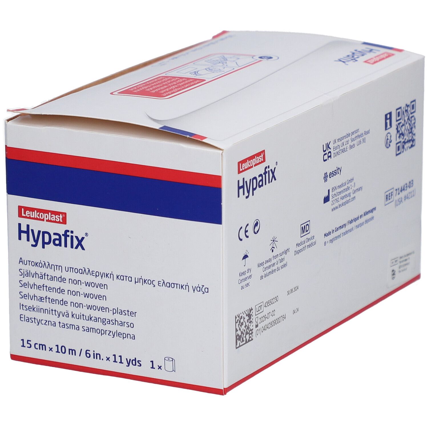 Boîte Hypafix. Dos avec informations et symbole médical. Fabriqué en Allemagne.