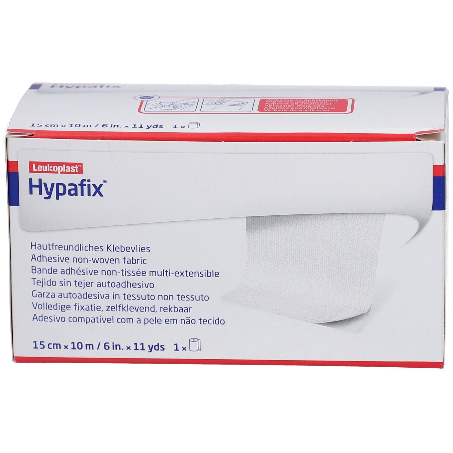 Boîte de Hypafix. Non-tissé blanc visible. Inscription: 15 cm x 10 m.