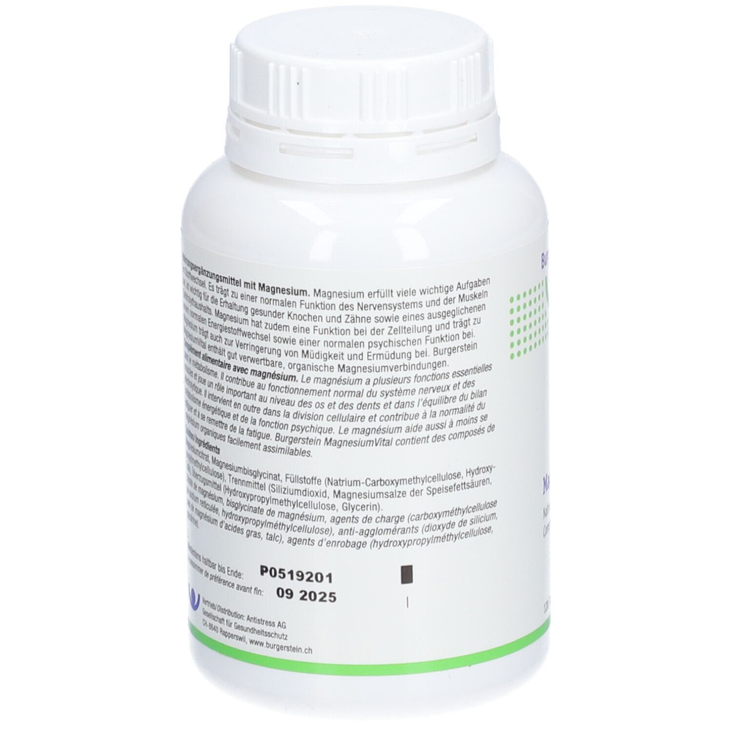 Rückseite der weißen Flasche. Text über Magnesium, Inhaltsstoffe, Chargennummer und Verfallsdatum. Grün-weiße Gestaltung.