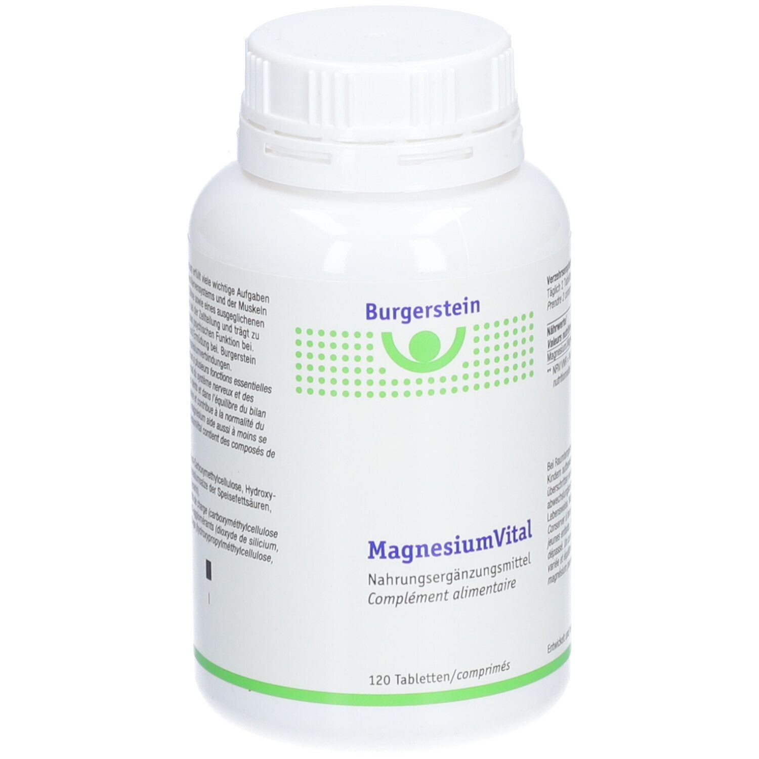 Weiße Flasche mit Schraubverschluss. Aufschrift Burgerstein, MagnesiumVital, 120 Tabletten. Nahrungsergänzungsmittel.