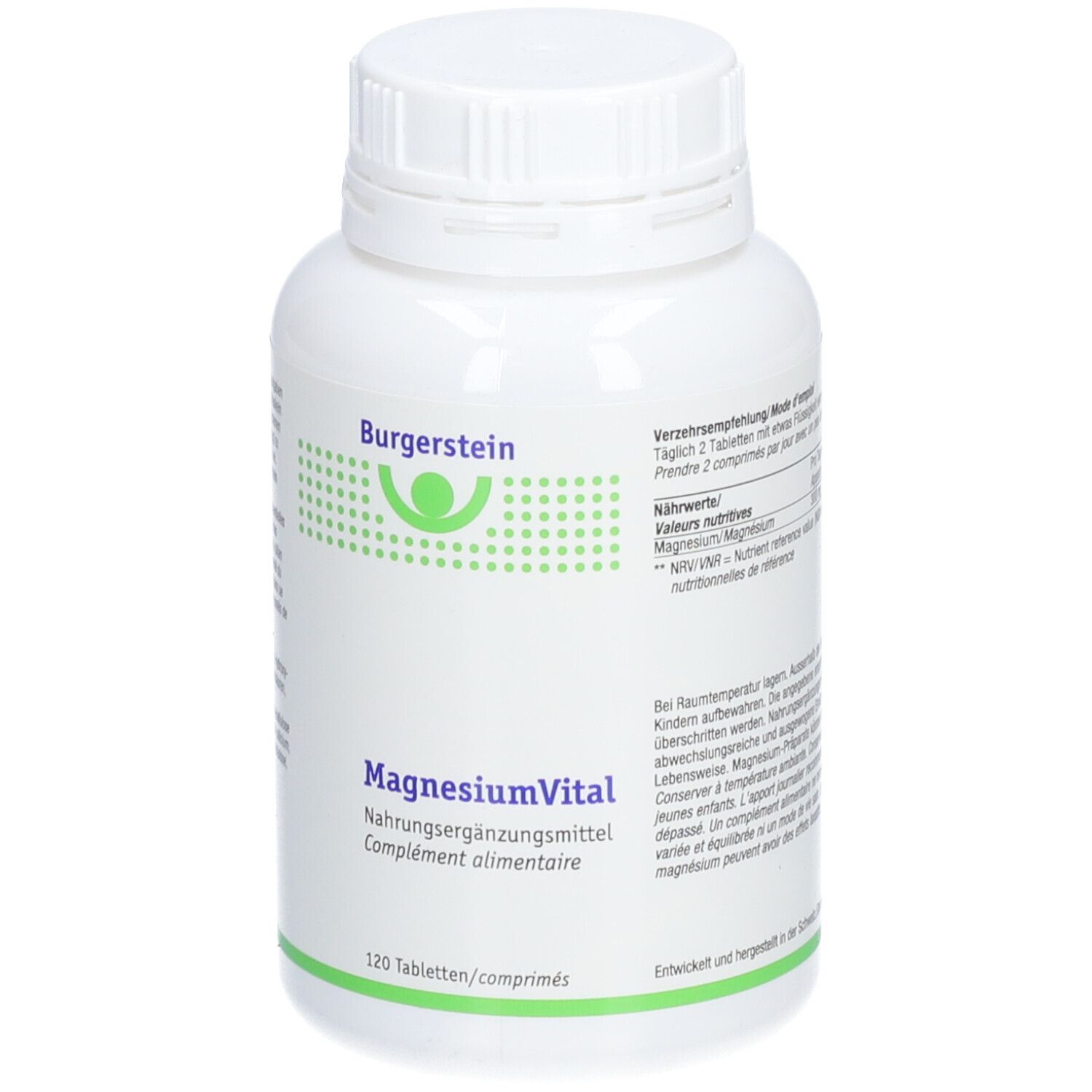 Weiße Flasche mit Schraubverschluss. Aufschrift Burgerstein, MagnesiumVital, 120 Tabletten. Nahrungsergänzungsmittel.