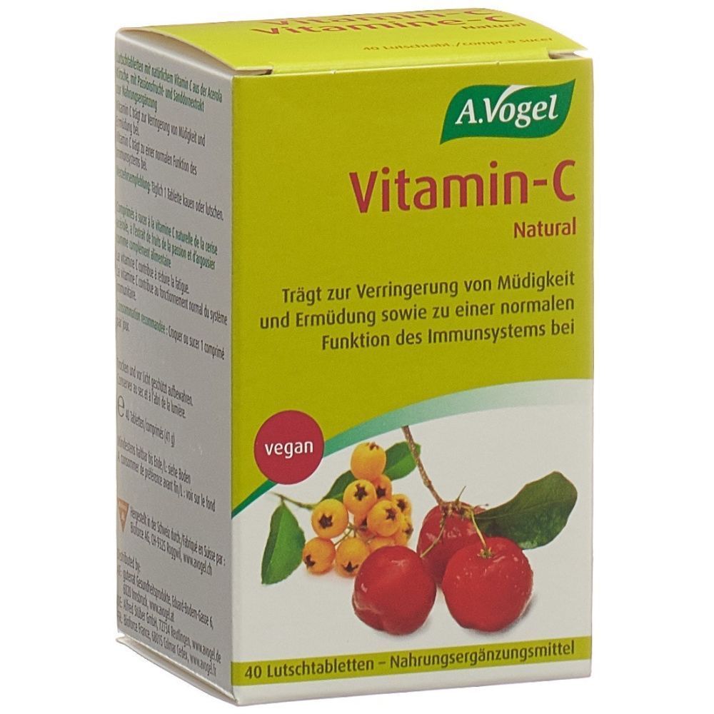 Boîte jaune A. Vogel Vitamine-C Natural. Illustration de cerises acérola. Label vegan. 40 comprimés à sucer.