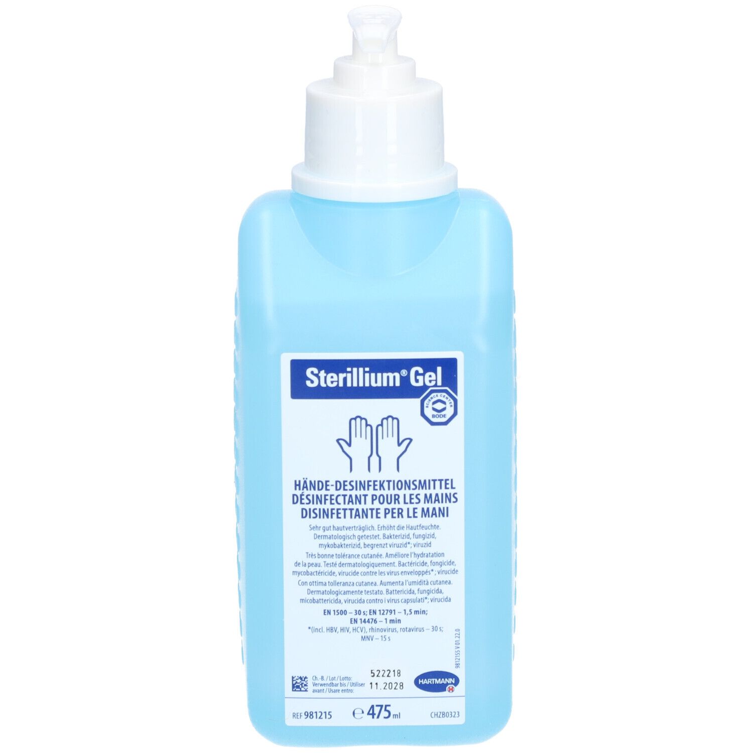 Blaue Flasche mit weißem Spender. Aufschrift: Sterillium Gel. Hände-Desinfektionsmittel. Mit Zertifizierungslogo.