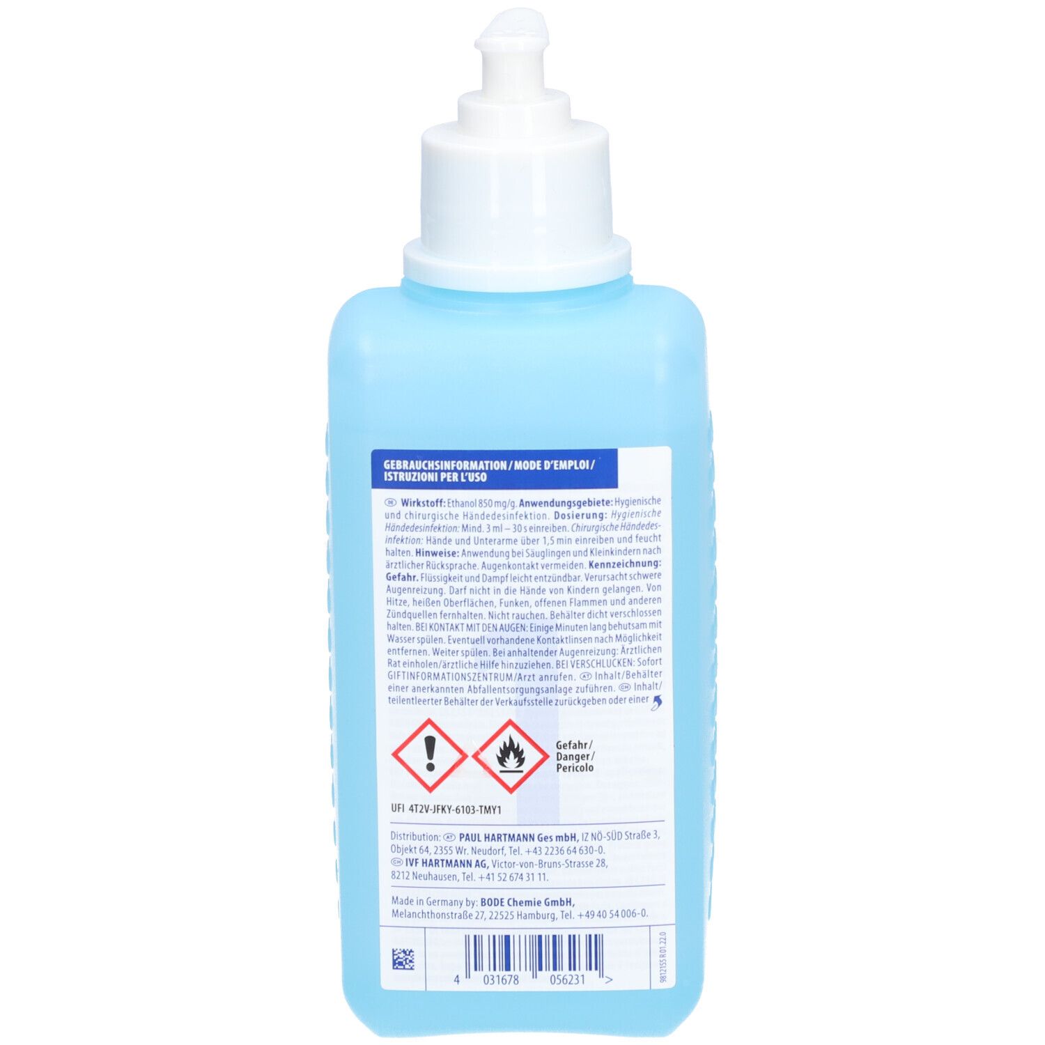 Rückseite der blauen Flasche. Text: Gebrauchsinformation. Warnhinweise: Reizend, leicht entzündlich. Barcode.