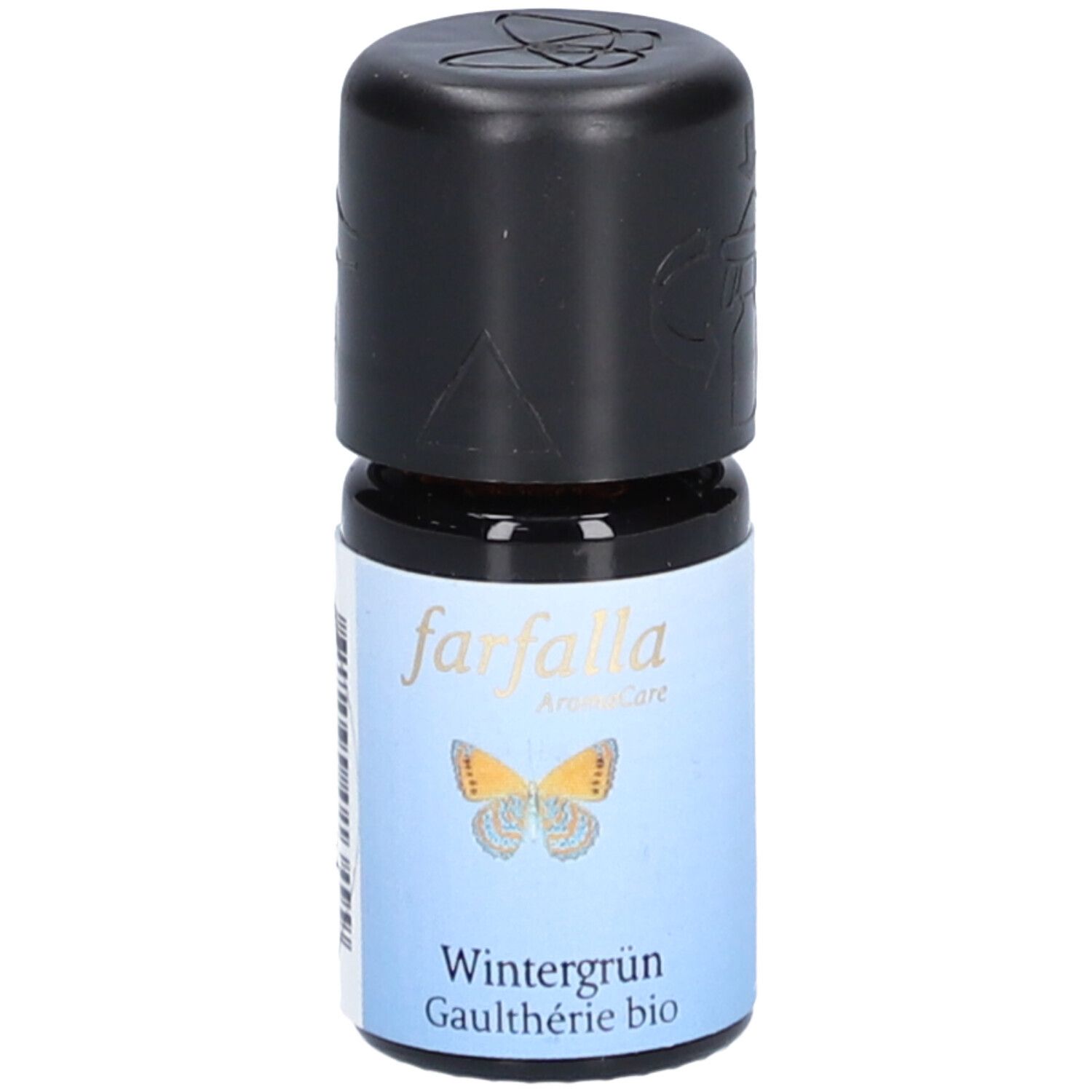 Flacon en verre brun avec bouchon noir. Étiquette "farfalla AromaCare", papillon et "Wintergrün Gaulthérie bio".