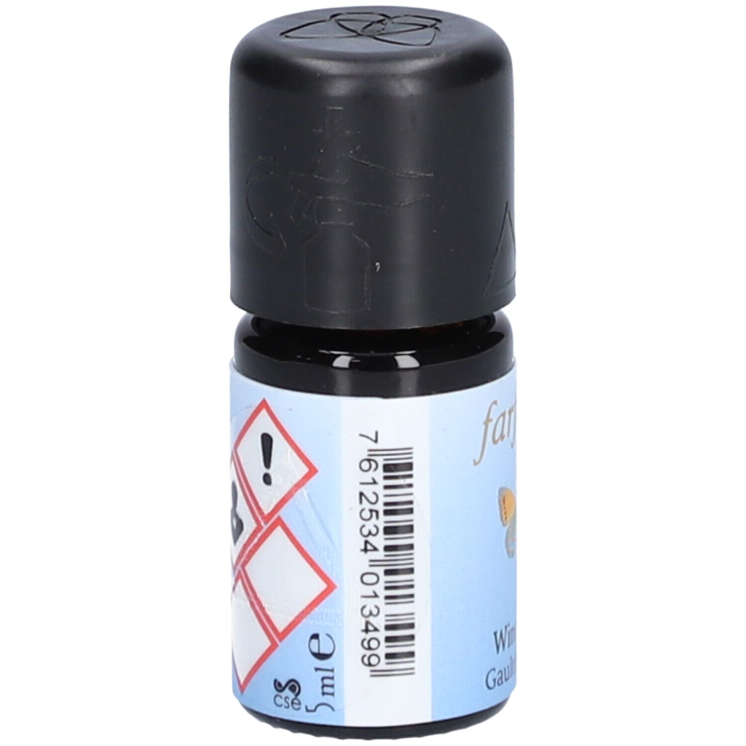 Flacon en verre brun avec bouchon noir. Étiquette avec code-barres, symboles de danger et "5 ml".