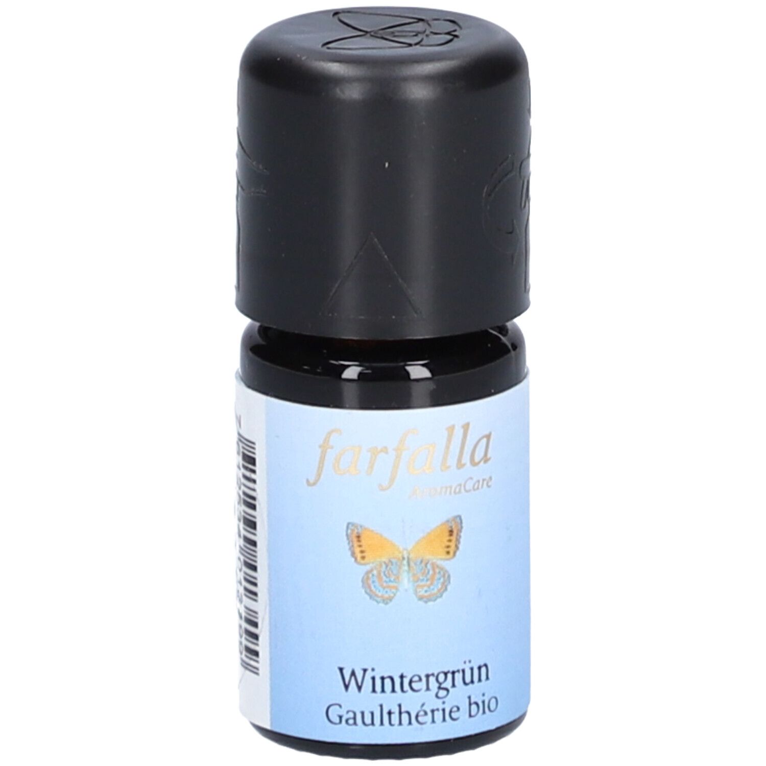 Flacon en verre brun avec bouchon noir. Étiquette "farfalla AromaCare", papillon et "Wintergrün Gaulthérie bio".
