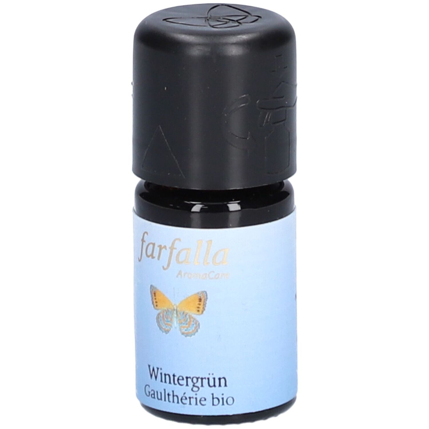 Flacon en verre brun avec bouchon noir. Étiquette "farfalla AromaCare", papillon et "Wintergrün Gaulthérie bio".