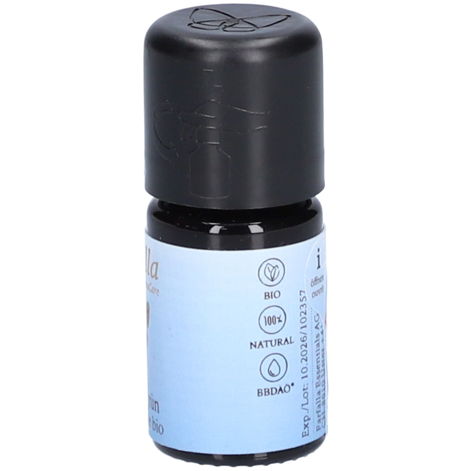 Flacon en verre brun avec bouchon noir. Étiquette "farfalla AromaCare", label bio, "100% NATURAL" et texte.