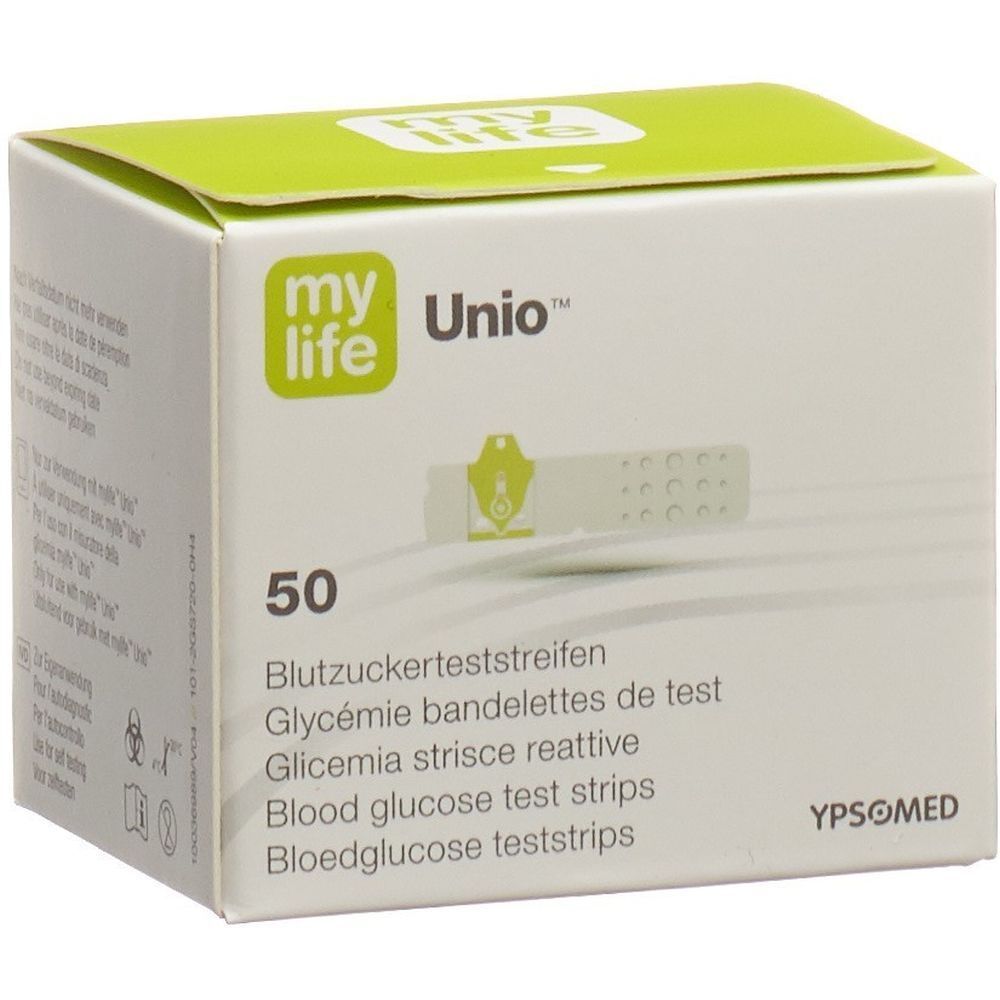 Packung mylife Unio Teststreifen. Enthält 50 Teststreifen. Aufschrift: Blutzuckerteststreifen, Glycémie bandelettes de test, Glicemia strisce reattive, Blood glucose test strips.