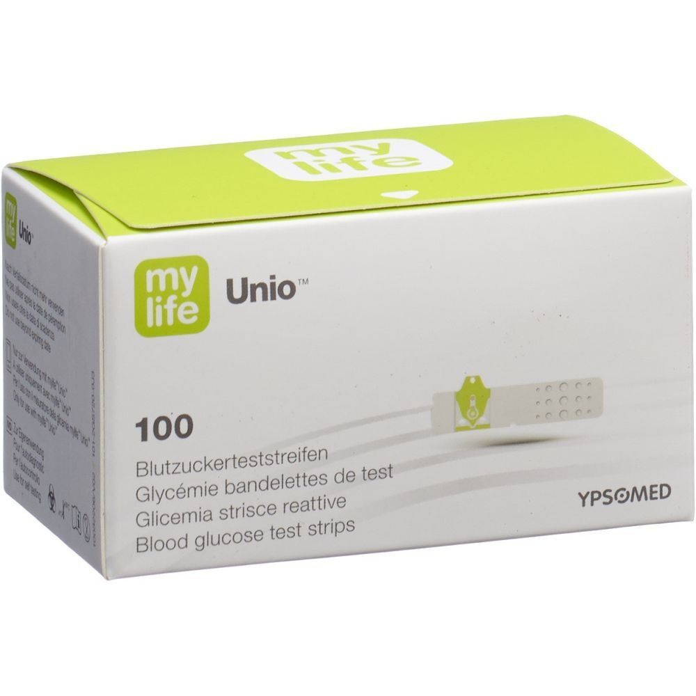 Schachtel mit mylife Unio Teststreifen. Enthält 100 Teststreifen. Aufdrucke in Deutsch, Französisch, Italienisch und Englisch.