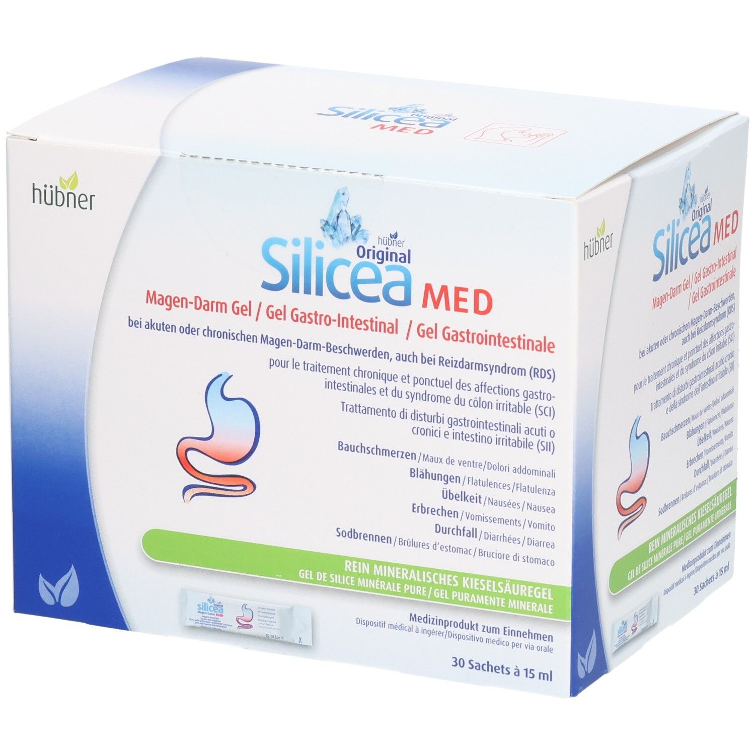 Karton mit Hübner Silicea MED. Aufdruck: Magen-Darm Gel, 30 Sachets à 15 ml. Logo: Bauch mit roter Linie.