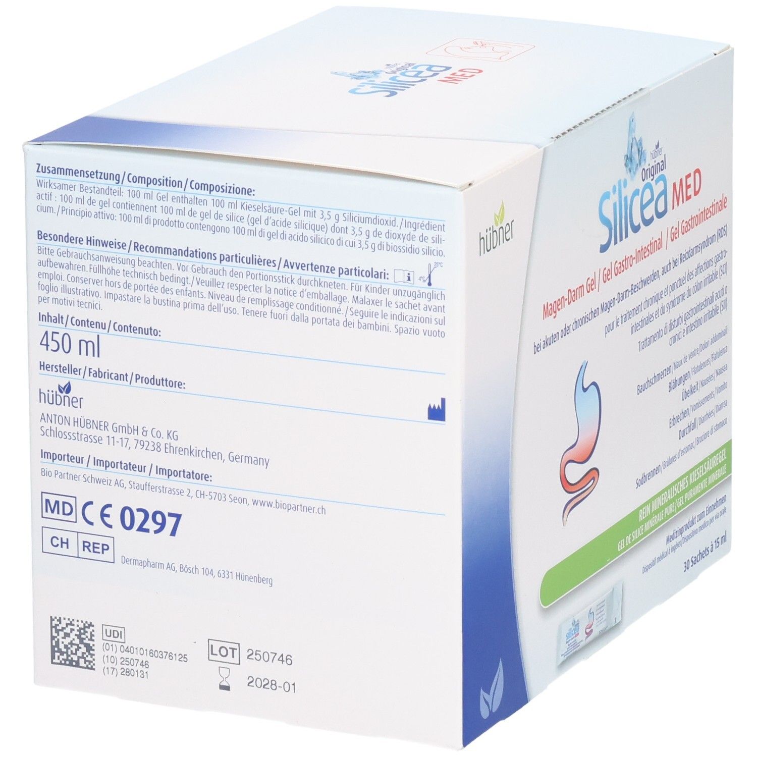 Karton Hübner Silicea MED, Rückseite. Angaben zu Inhaltsstoffen, Hersteller, Chargennummer, CE-Kennzeichnung.