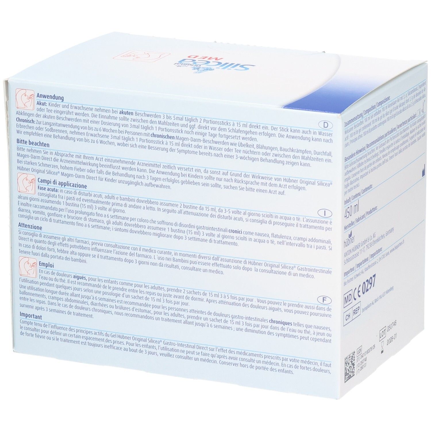 Rückseite der Hübner Silicea MED-Verpackung. Angaben zur Anwendung in verschiedenen Sprachen.