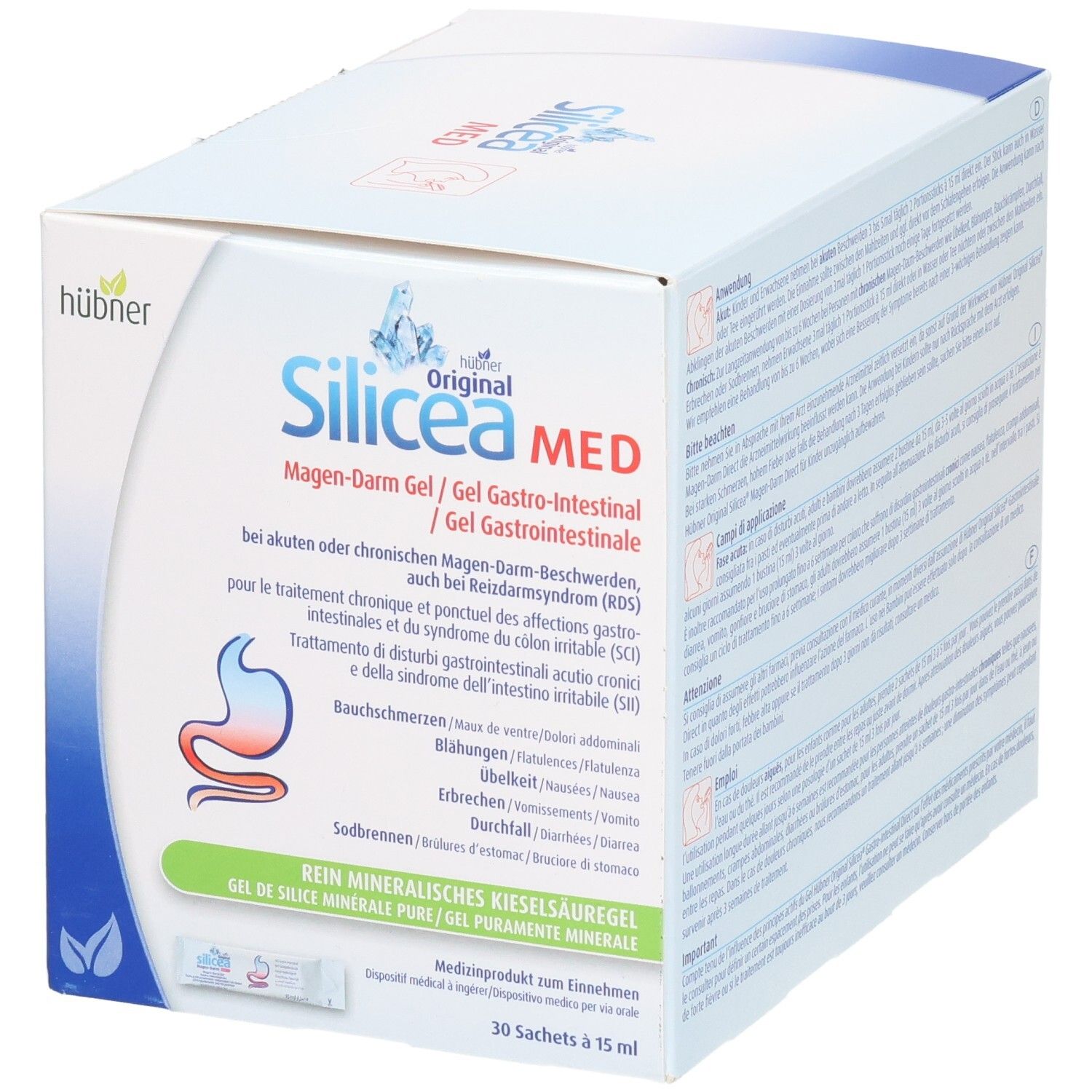 Karton Hübner Silicea MED. Aufdruck: Magen-Darm Gel, 30 Sachets à 15 ml. Logo: Bauch mit roter Linie.