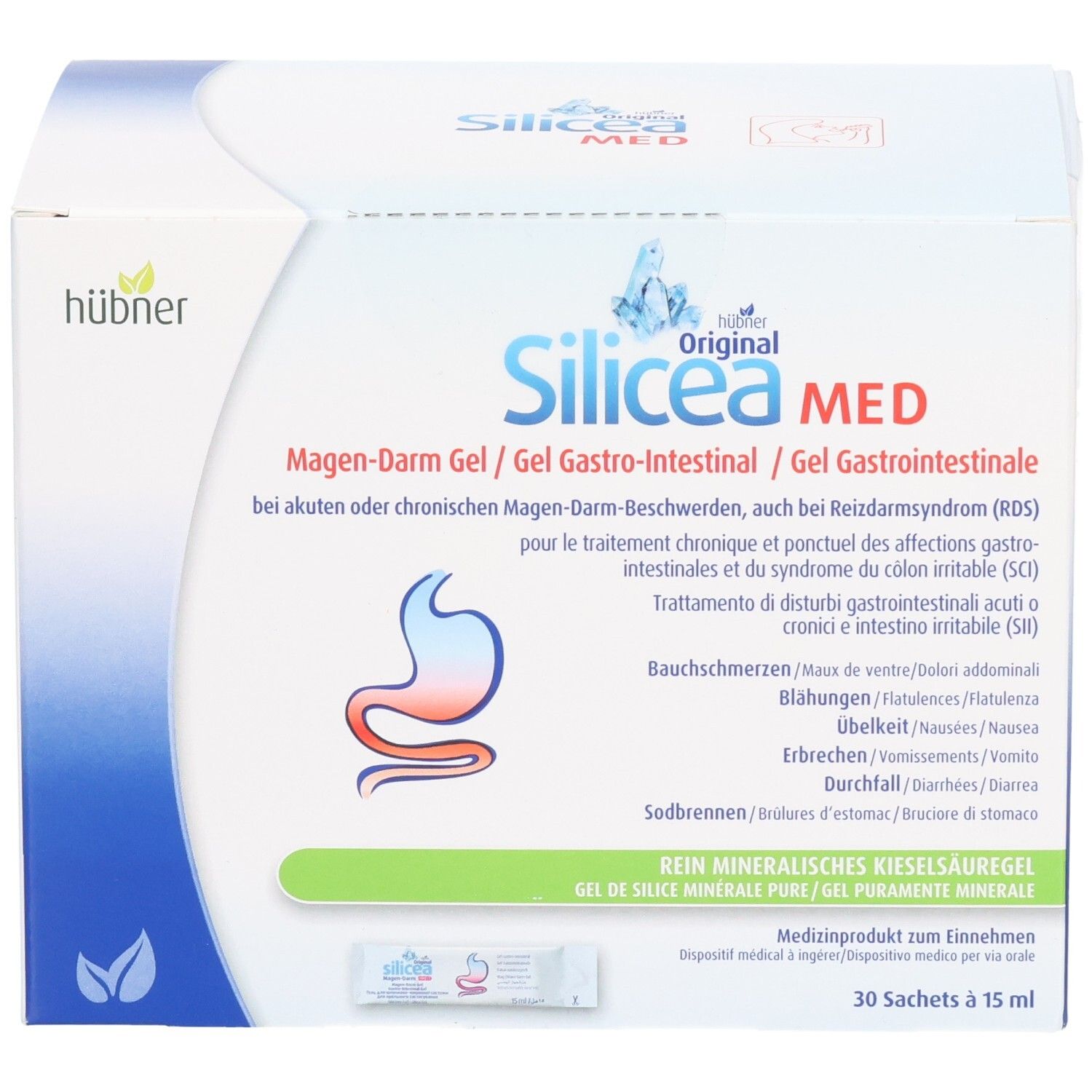 Karton Hübner Silicea MED. Aufdruck: Magen-Darm Gel, 30 Sachets à 15 ml. Logo: Bauch mit roter Linie.