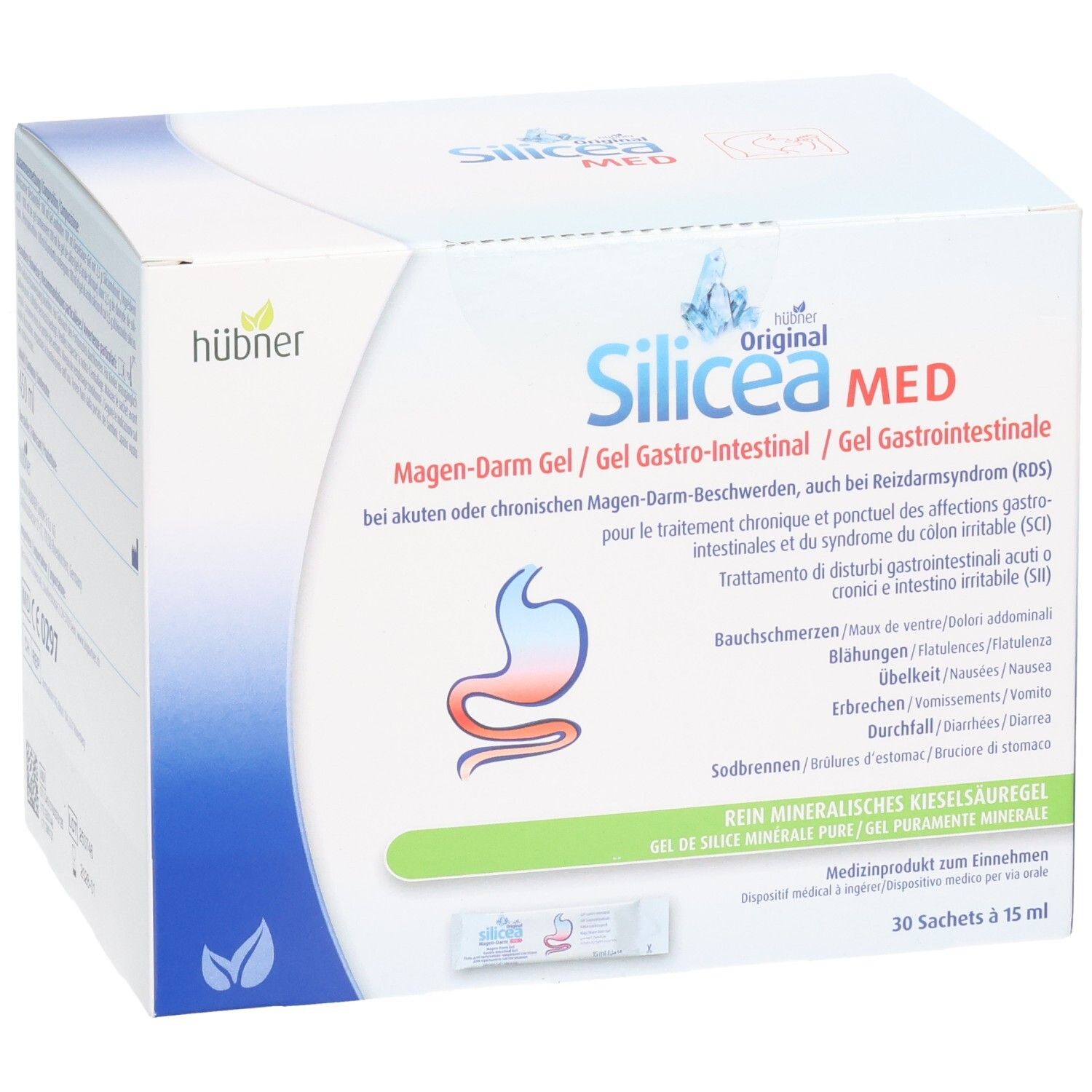 Karton Hübner Silicea MED. Aufdruck: Magen-Darm Gel, 30 Sachets à 15 ml. Logo: Bauch mit roter Linie.