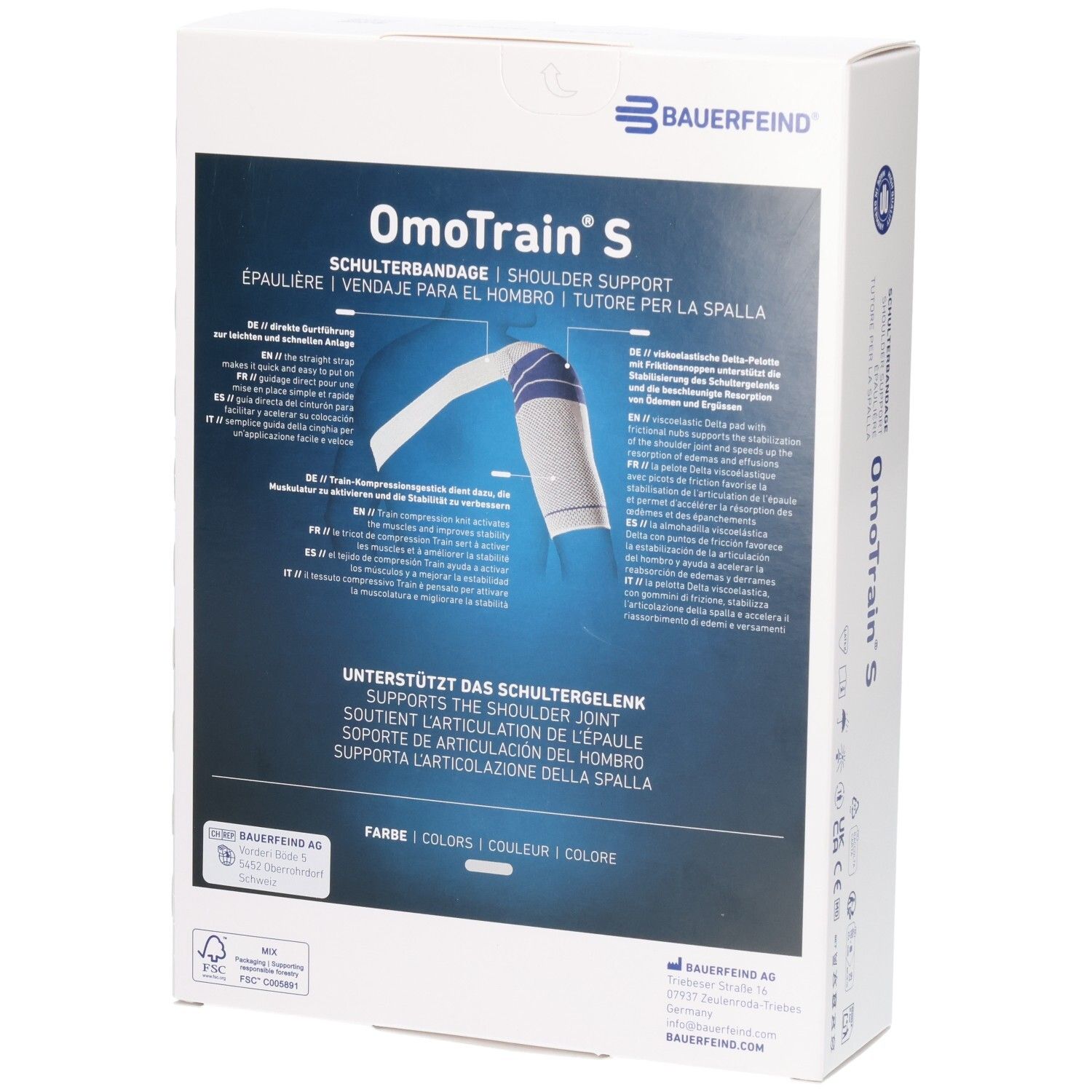 Rückseite der Bauerfeind OmoTrain S Schulterbandage Verpackung mit Produktinformationen und Anwendungshinweisen.