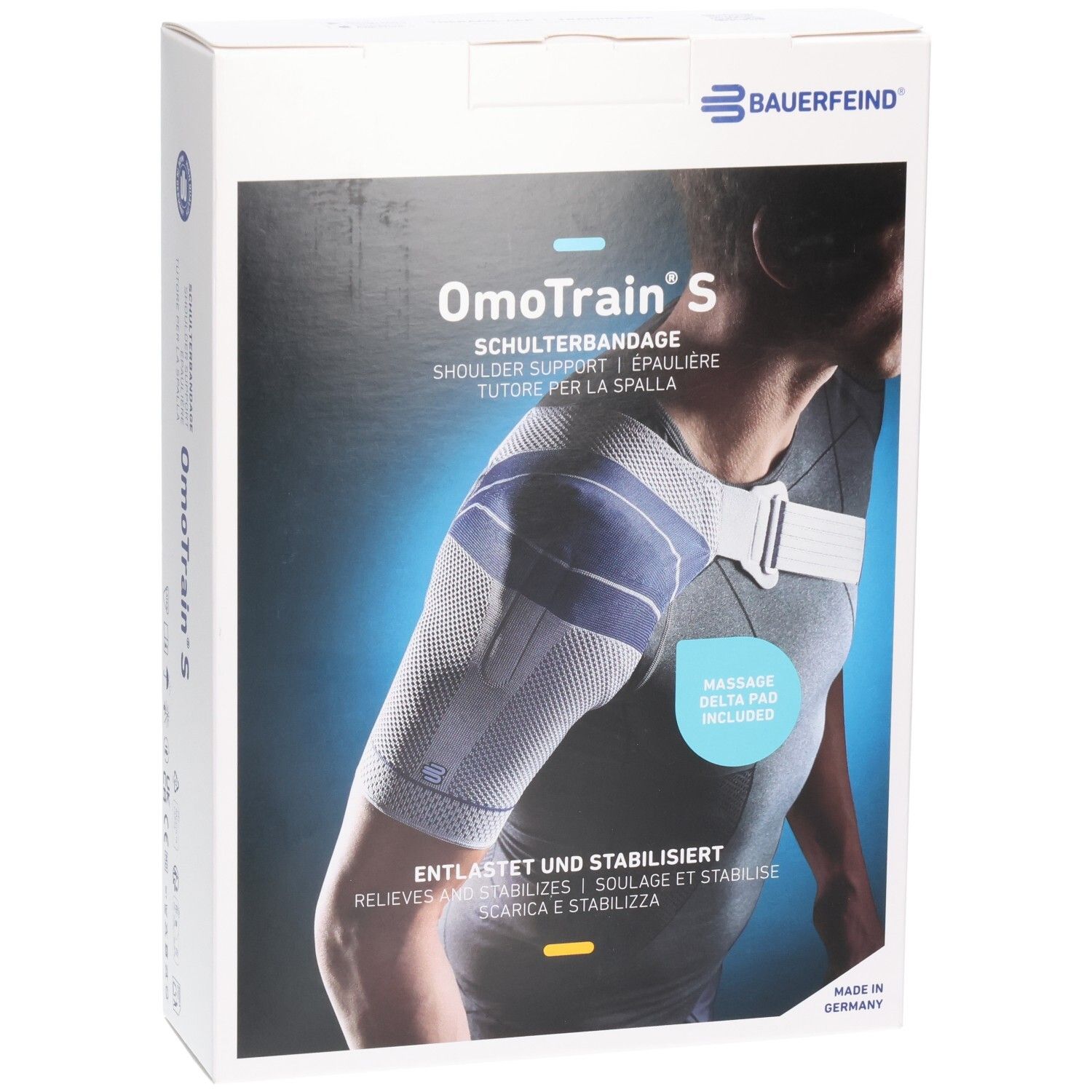 Vorderseite der Bauerfeind OmoTrain S Schulterbandage Verpackung mit Produktnamen und Trageabbildung.