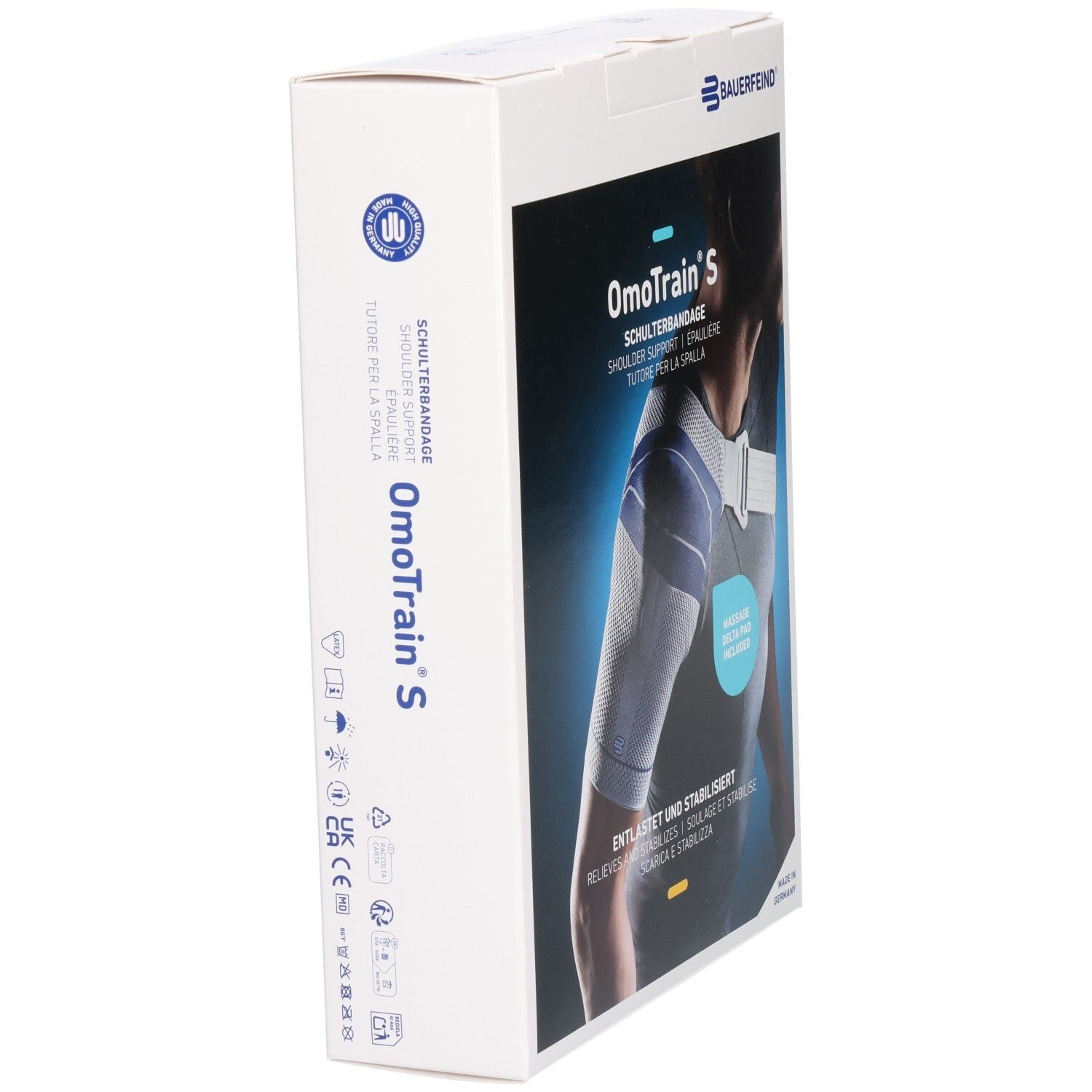 Bauerfeind OmoTrain S Schulterbandage Verpackung, Seitenansicht mit Symbolen und Produktnamen.